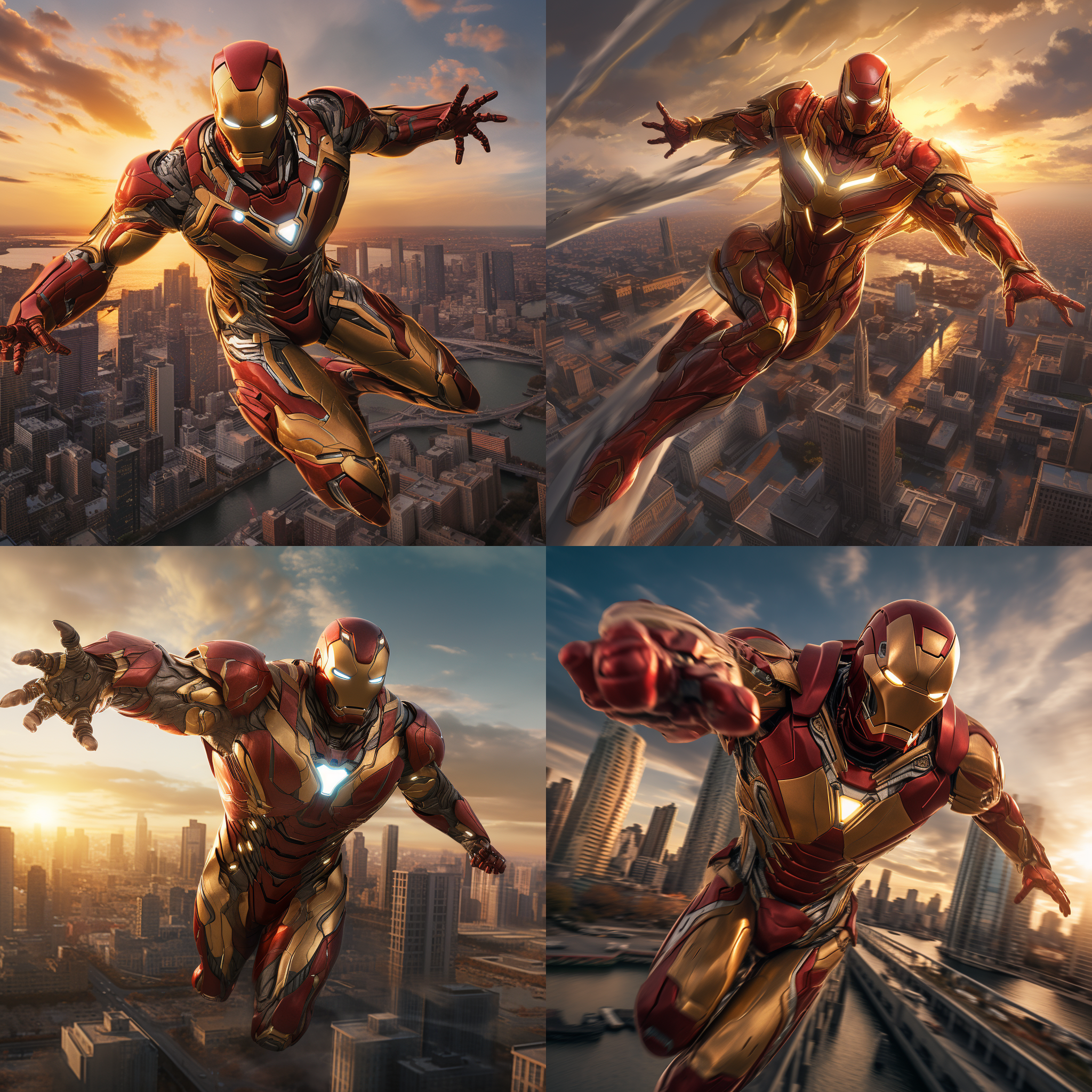钢铁侠飞行在城市上空，背景是夕阳余晖下的高楼大厦，他身着红色和金色装甲，面部带着坚毅表情。动作优雅，展翅飞翔，逆光拍摄，广角视角，暖色调，超级英雄，壮丽。