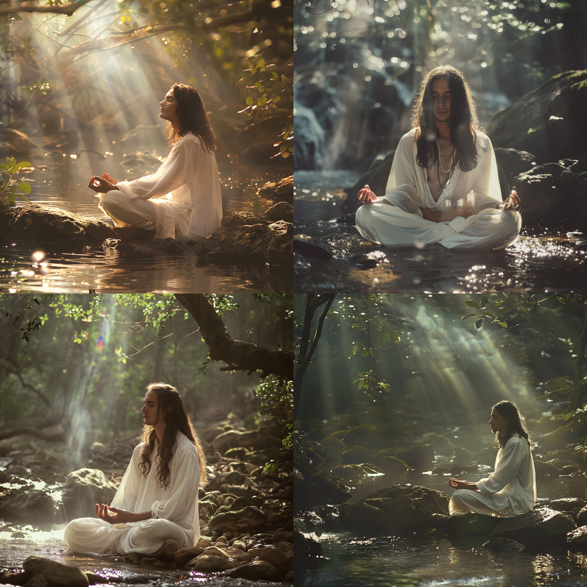 白衣长发少年打坐，溪边，古老森林，灵气涌动，异兽，阳光穿射，神秘，和谐，抽象风格，静态，自然光，柔和色调。