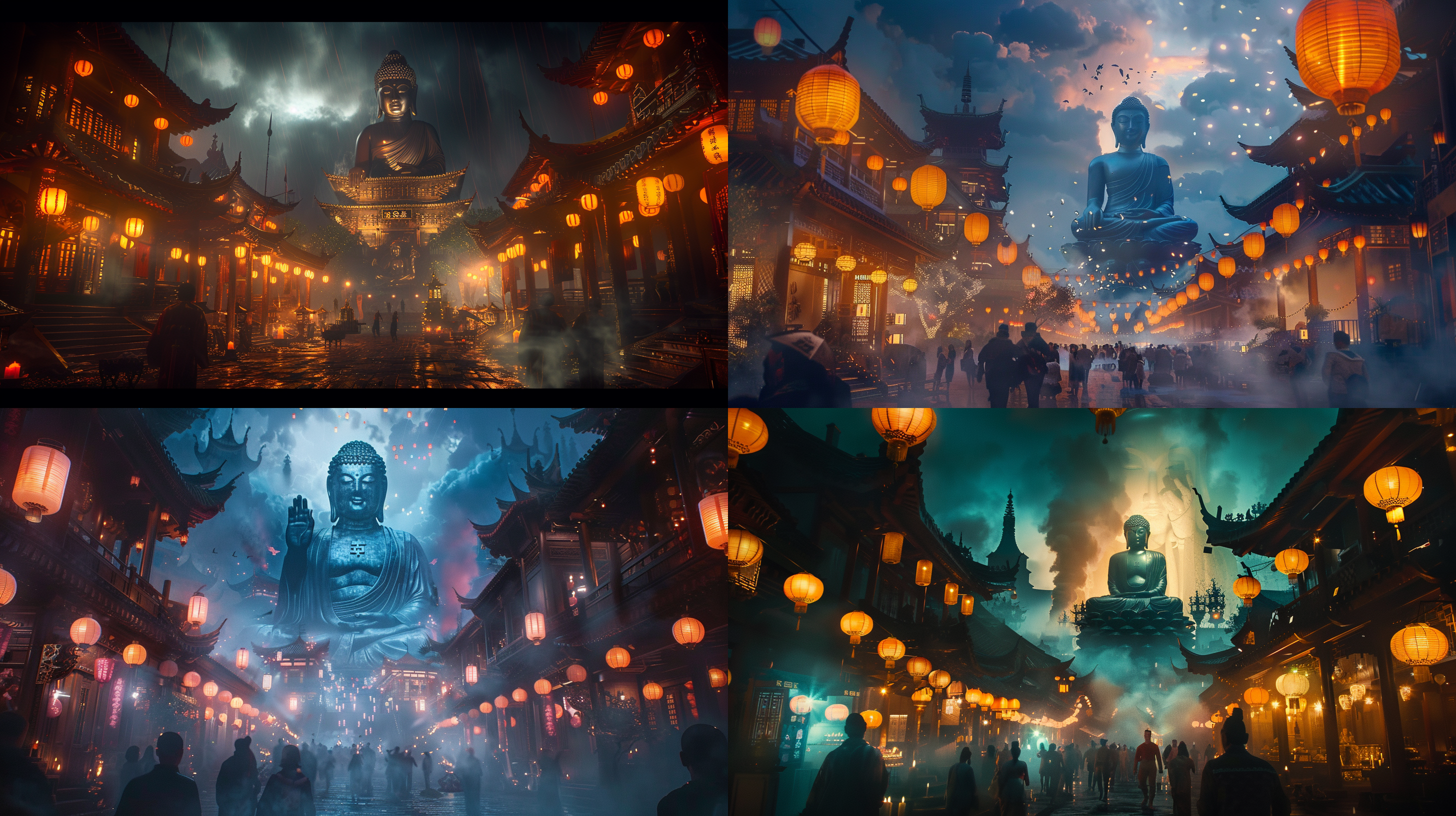 夜晚的中国古代建筑城市，悬挂着灯笼，人来人往，远处云层里，1个佛像，仰视角度，灯光强调佛像，侧逆光，明亮鲜艳的画面，电影色彩基调，超广角镜头，阿德里安·辛格，幻想艺术，数字艺术，national geographic photo, quiet contemplation ，超清晰度,16k,