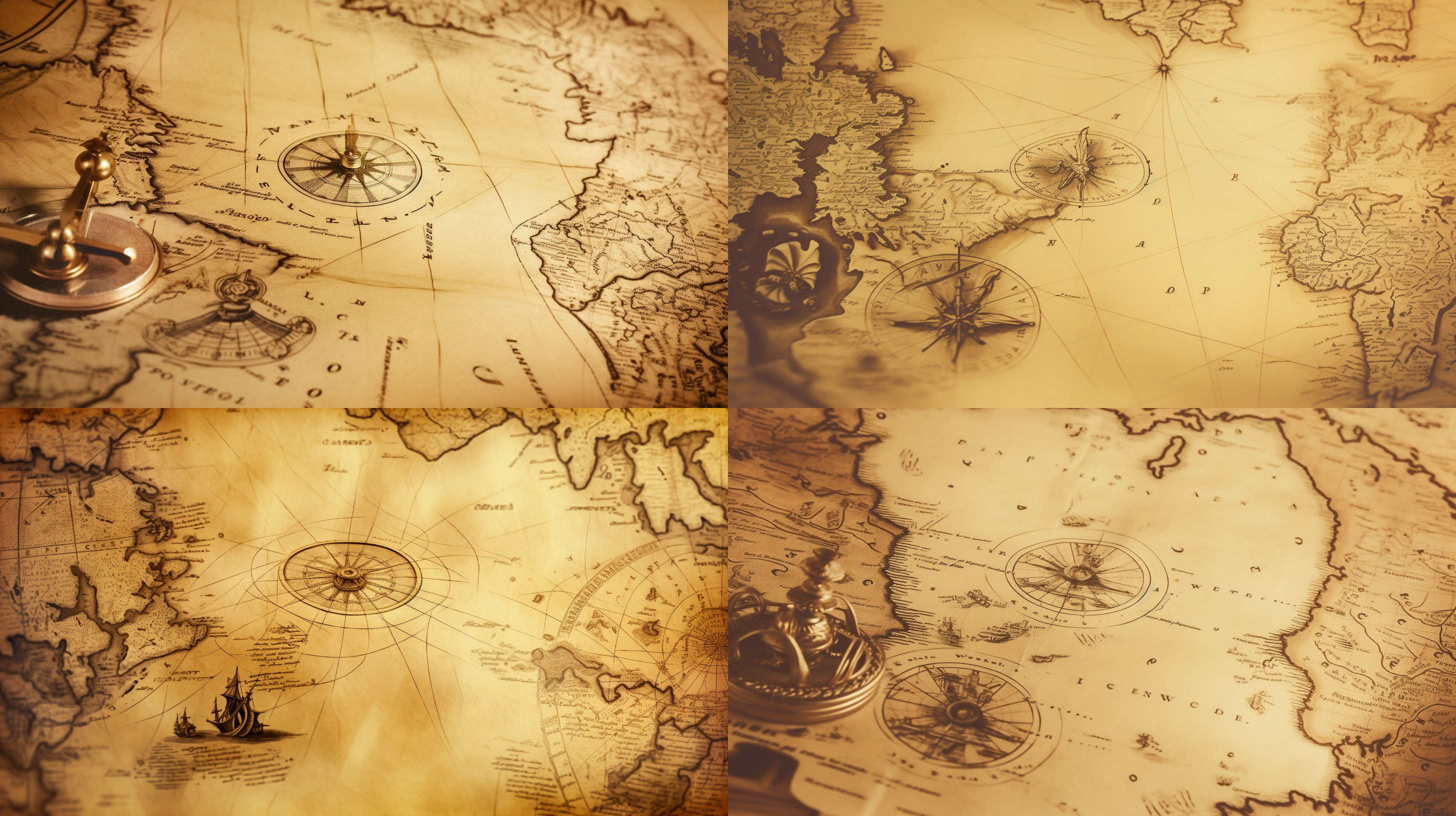 古老的航海图，羊皮纸，发黄，细节清晰，复古风格，褐色调，景深，地图，