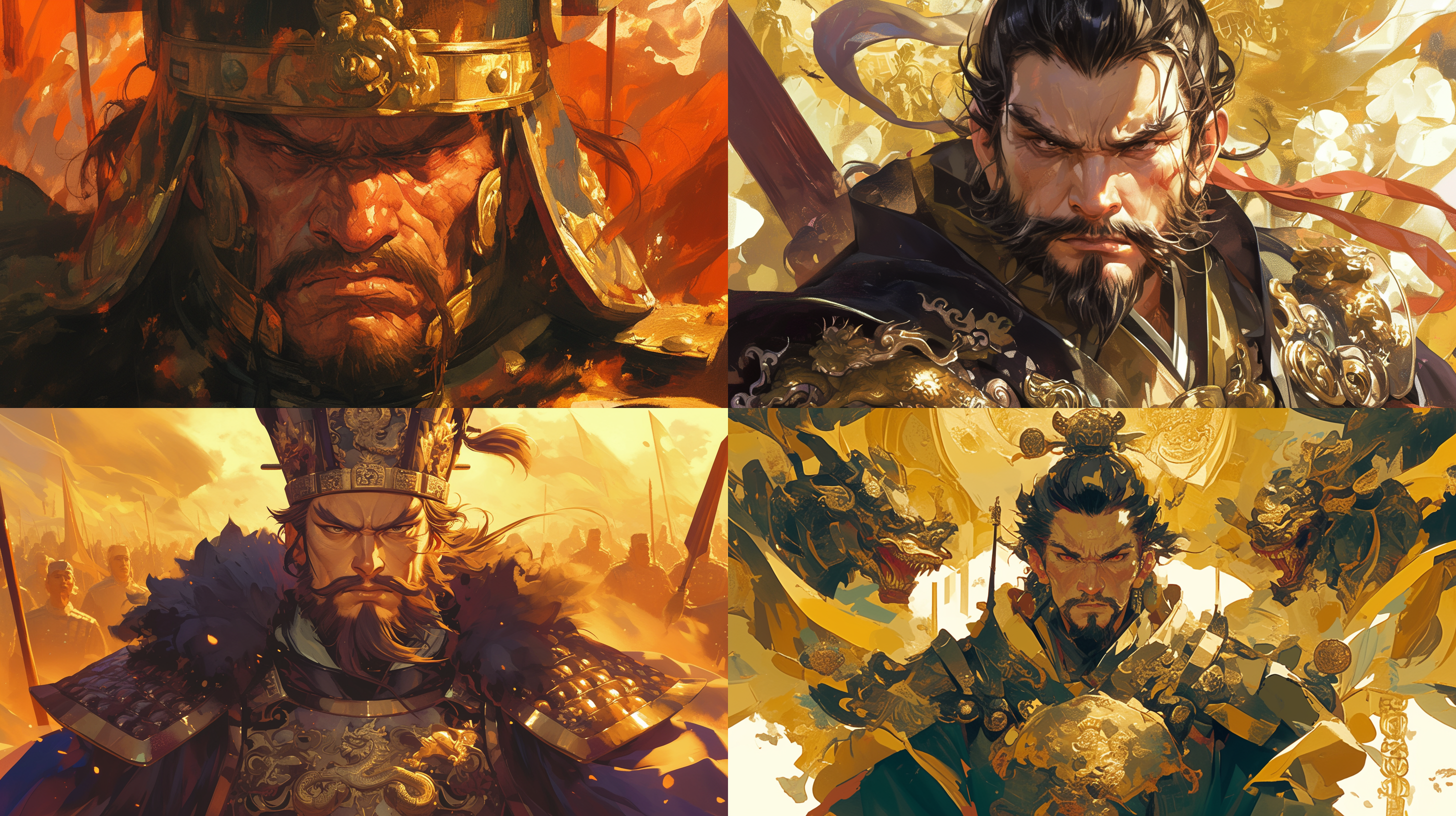 生气的明朝将军，肖像画，金色边框，严肃表情，清晰细节，朝代服装，古典背景，油画风格，饱和度高，暖色调，柔和光线，高视角，力量感，冷峻。