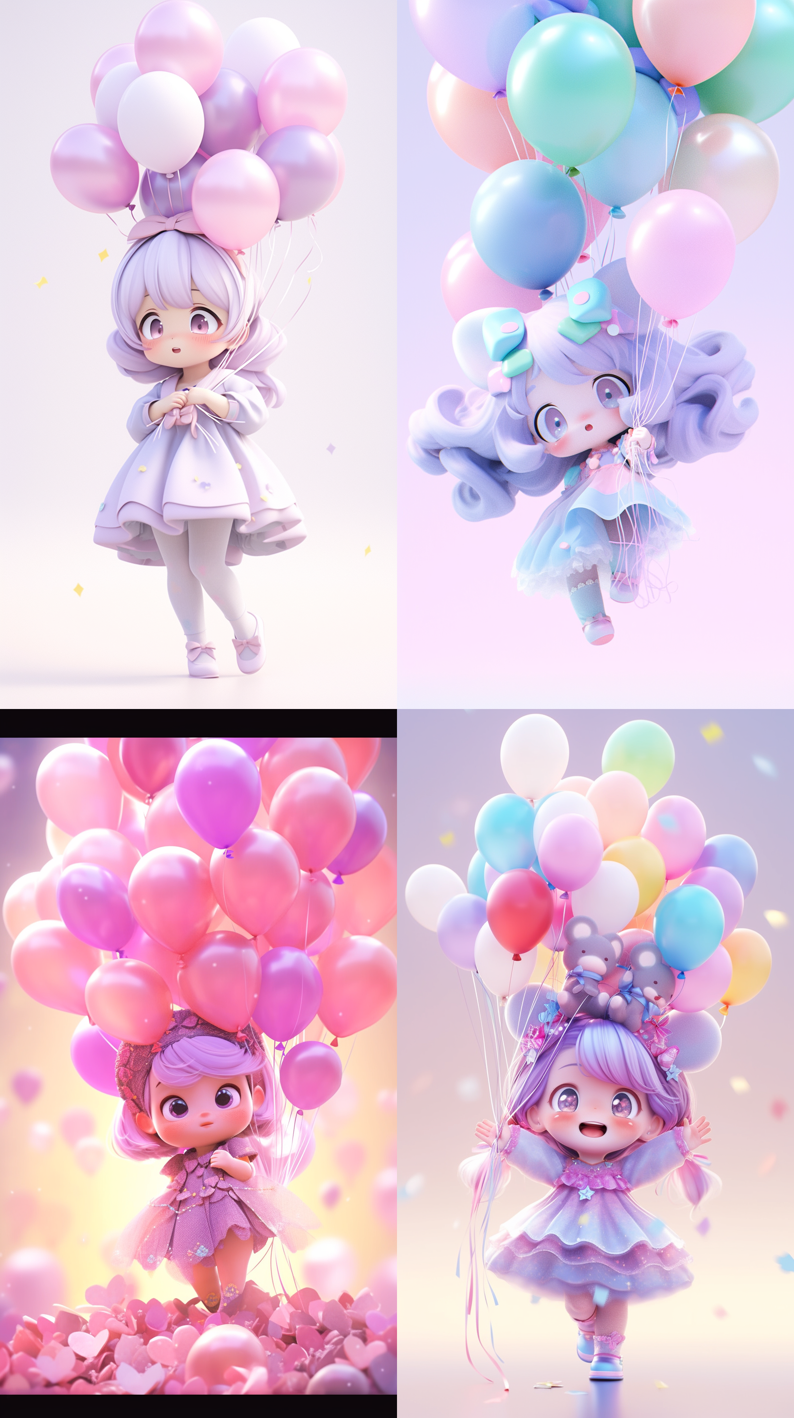 a super cute little girl ,kawaii anime style,chibi style,big eyes,wearing a light purple ,fullbody,playful,fun,whimsical,quirky,super cute,anthropomorphic,cgsociety,cute,colorful,cartoonstyle,many colorful balloons，octanerender,v ray,8k,hd,ar 3:4 niji5