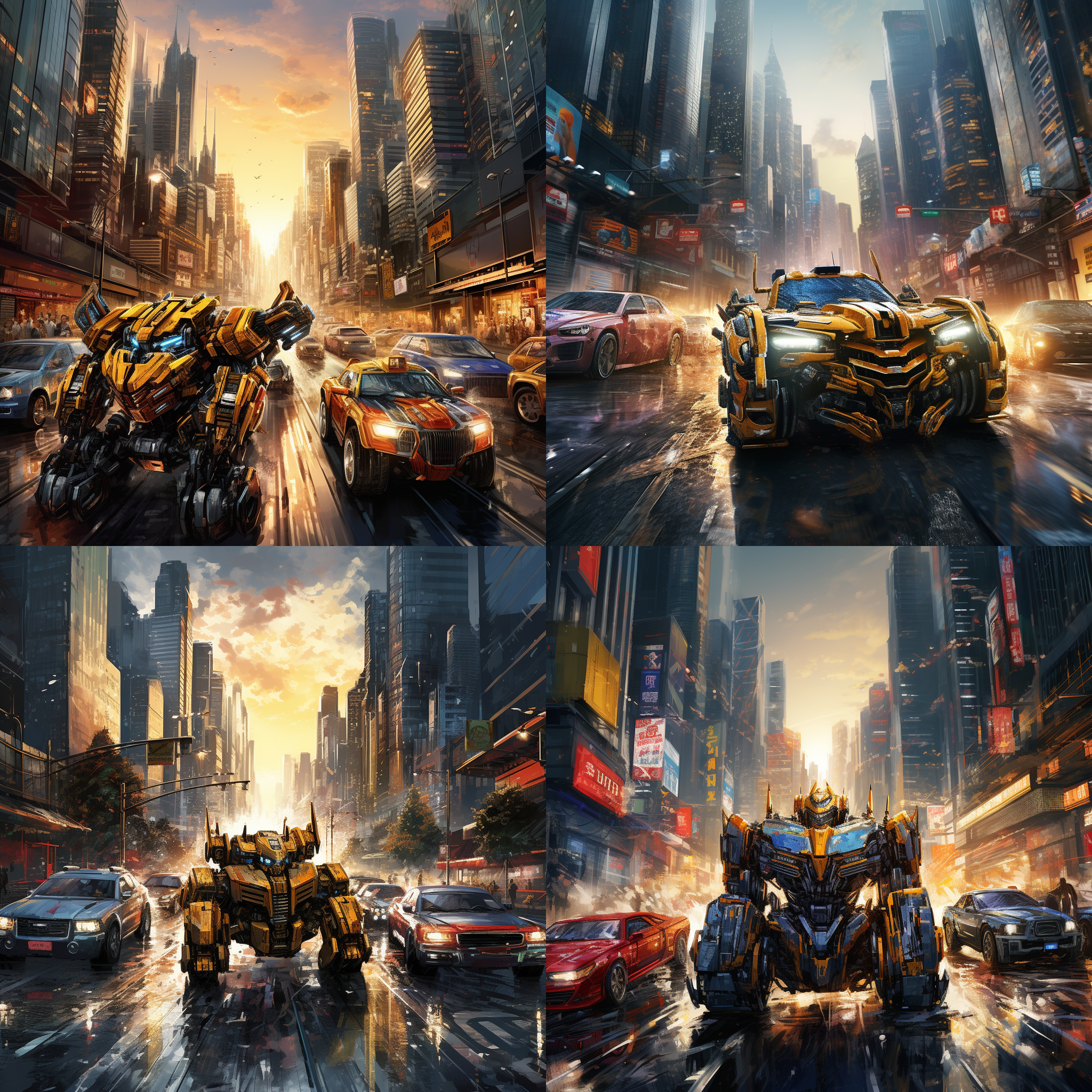 汽车人在城市街道上驾驶，背景是高楼大厦和繁忙的车流，机械装置和金属外壳，冷色调，逆光，长焦镜头，高速快门，行驶，震撼。