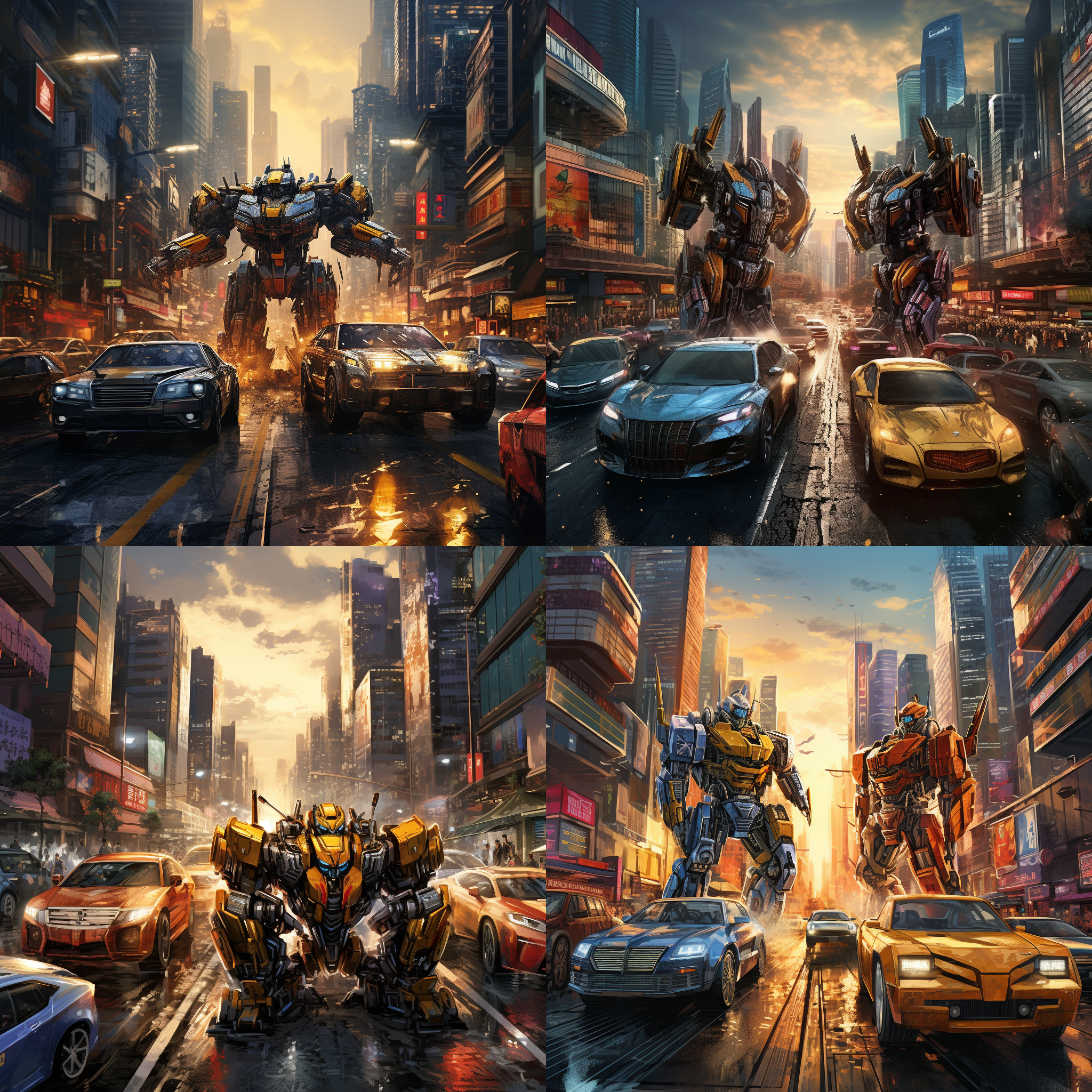 汽车人在城市街道上驾驶，背景是高楼大厦和繁忙的车流，机械装置和金属外壳，冷色调，逆光，长焦镜头，高速快门，行驶，震撼。