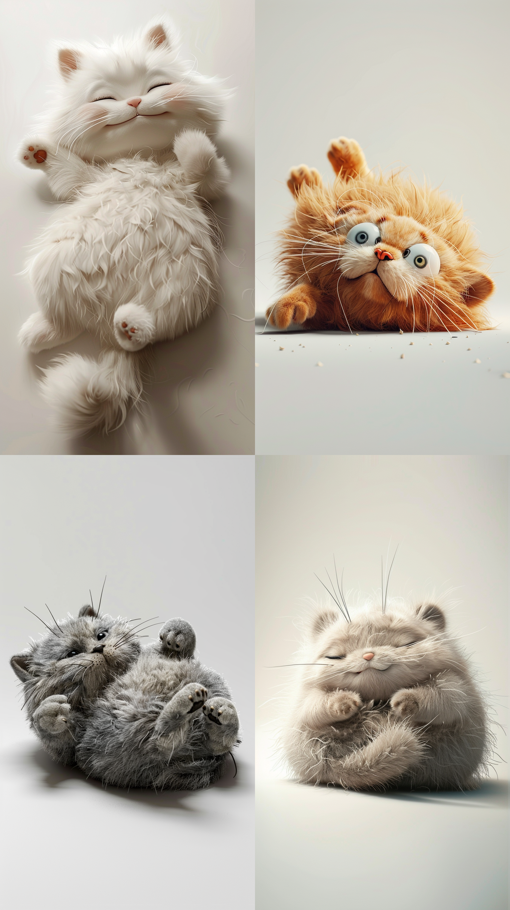 胖胖的、可爱的、毛茸茸的、看 起来很无聊的布偶猫，躺在地上打滚，有趣 的面部表情，夸张的动作,3d人物,白 色背景，有点蓬松，拉长的形状，卡通风 格，极简主义 混沌12 ar 3:4 stylie raw stylize 200