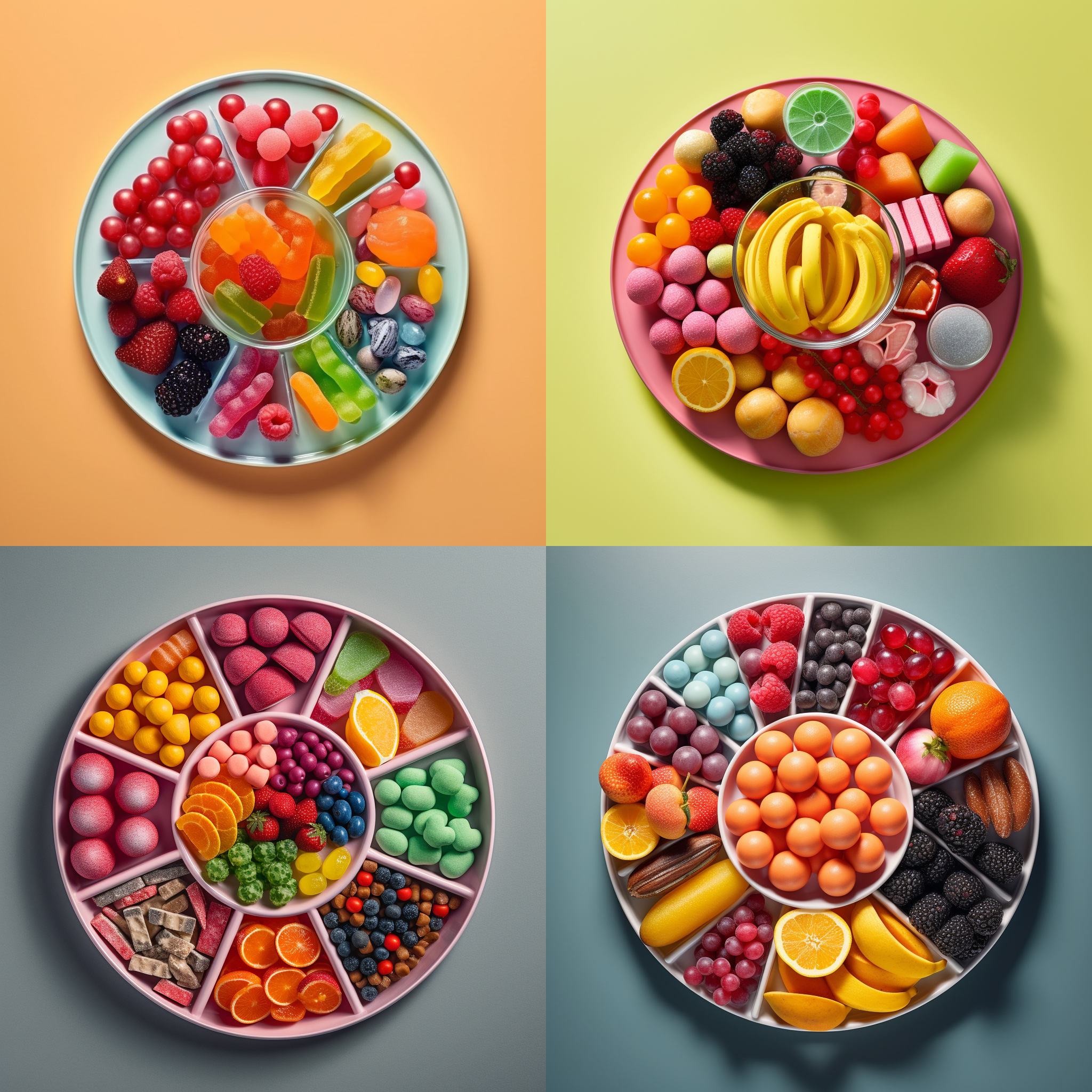 糖果拼盘，对称构图，明亮环境，多彩水果色，细节突出，微距镜头，柔和侧光，静态，诱人，高级感。