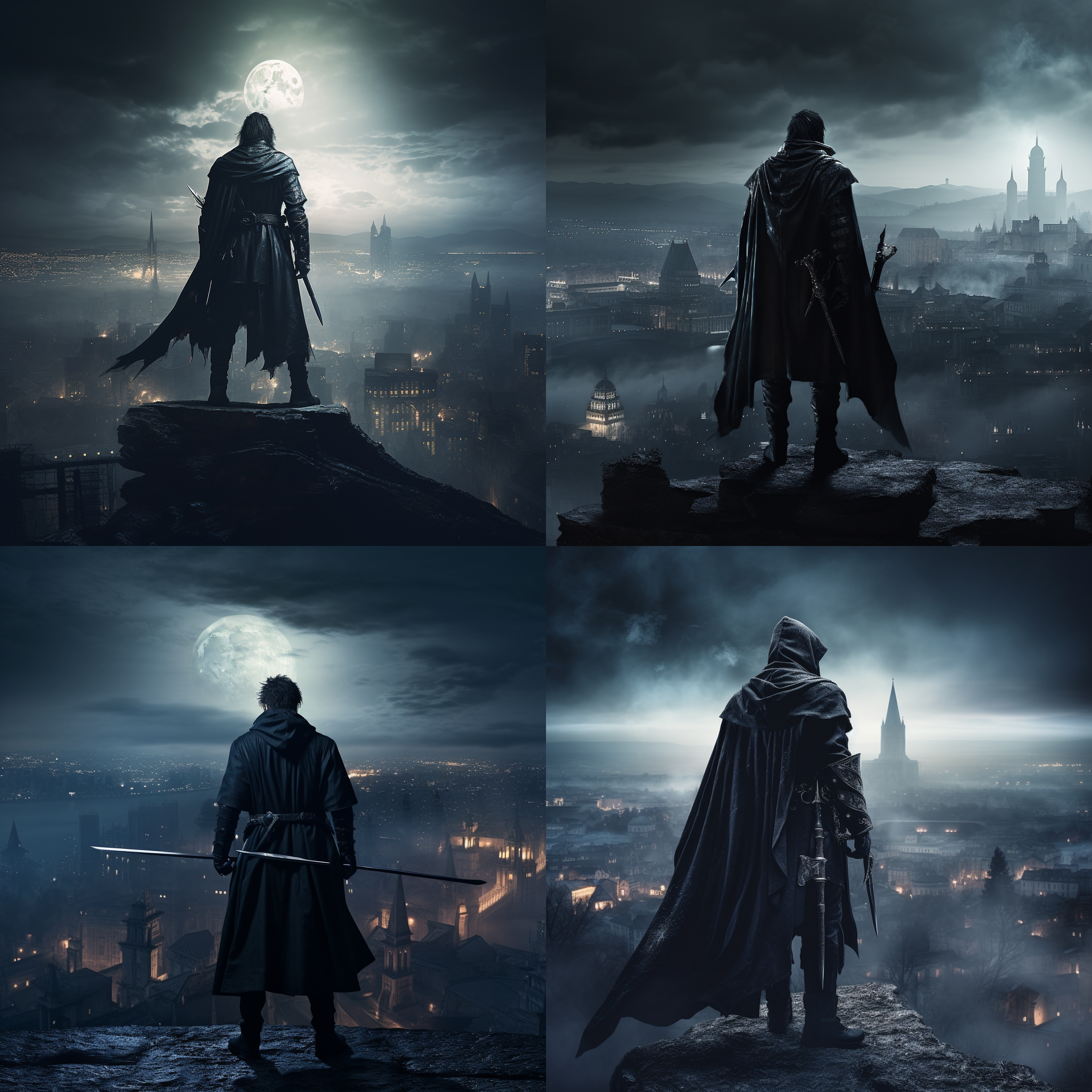黑夜剑客，站在破旧城堡顶端，背对镜头，身着黑色斗篷，腰间挂着剑，城市夜景映衬下，月光洒落在他的侧脸，神秘而冷酷。暗调，城市夜景，长焦镜头，背光，静态，孤独，神秘。