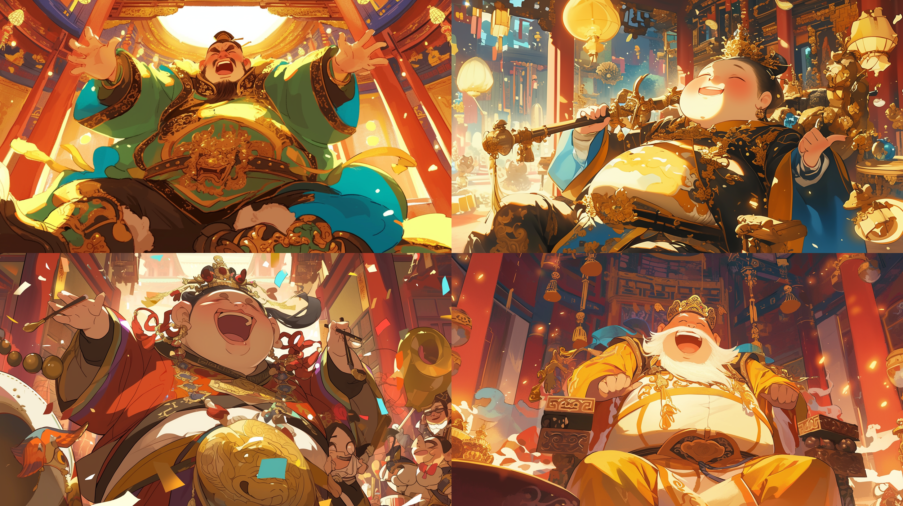 很胖的明朝皇帝躺着大声唱歌，喜剧风格，宫殿内，明亮色调，大光圈，华丽服装，夸张表情，肚子笑成一团，幽默。