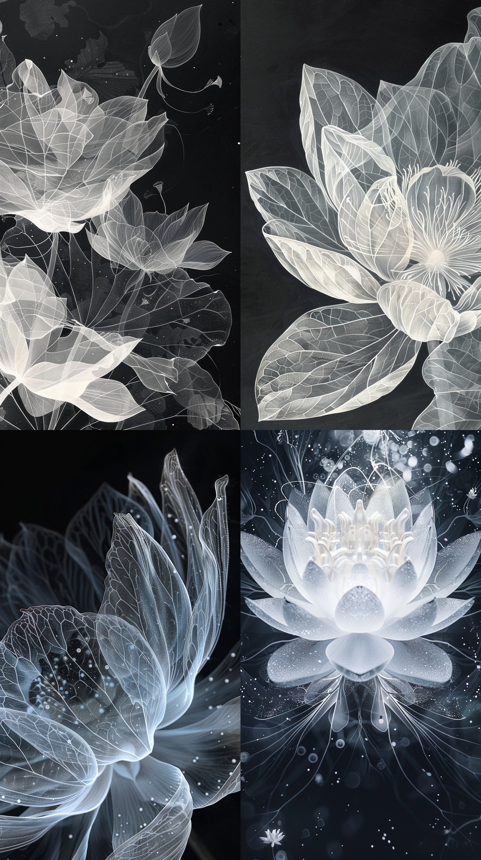 minimalism and abstract illustration, black background, ballpoint drawing art style, white, capillary effect,extremely close-up shot to fluorescent white lotus, white patter with gradient translucent,highlight effect, chinese ink painting style,chinese xuan paper texture, light penetrate the air, fractals effect, phosphore scence effect
