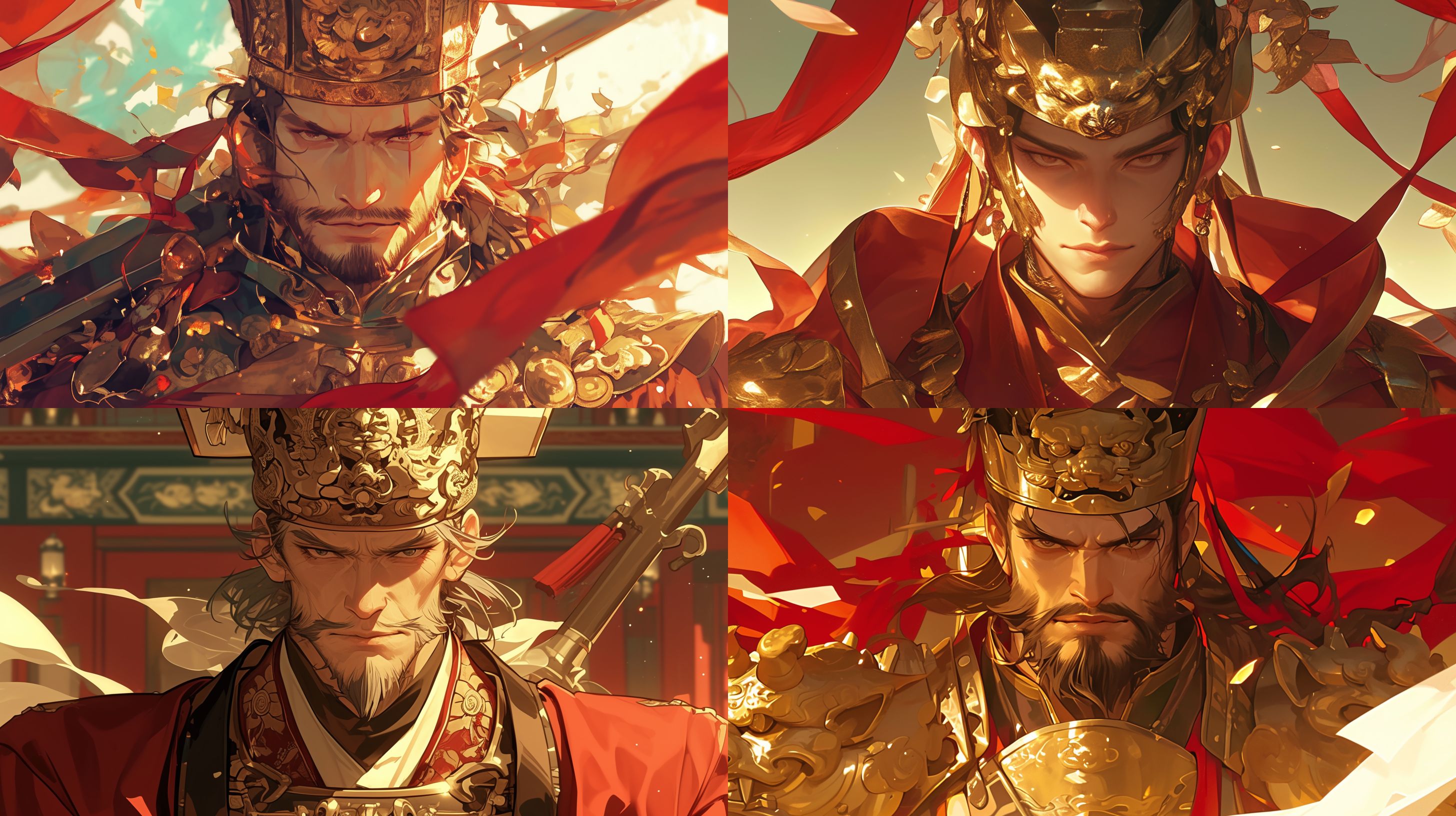 明朝大将军，奸猾表情，肖像，古代装束，金色头盔，红色战袍，宫殿背景，正脸拍摄，细节丰富，暖色调，柔和侧光，中焦镜头，威严气质，自信。