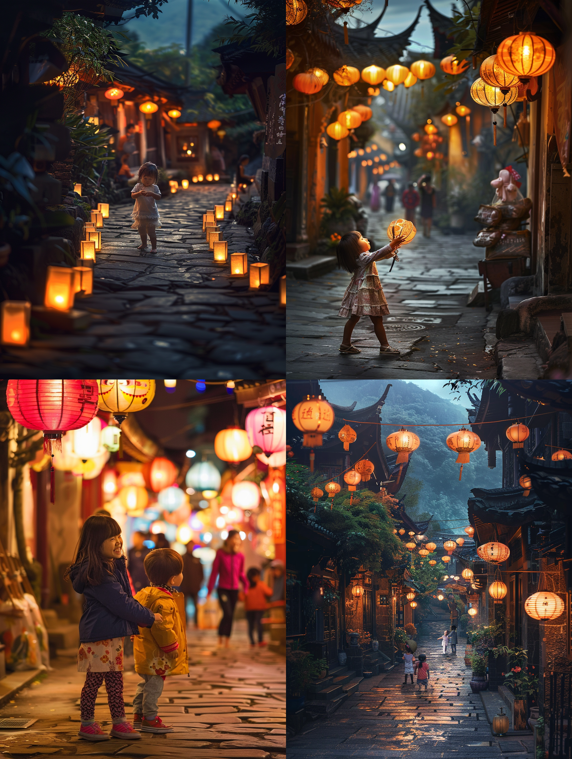 古建筑，花灯满街，石板路，儿童戏花灯，童真笑容，夜景，明亮色调，长焦镜头，环境光，抓拍，喜悦。