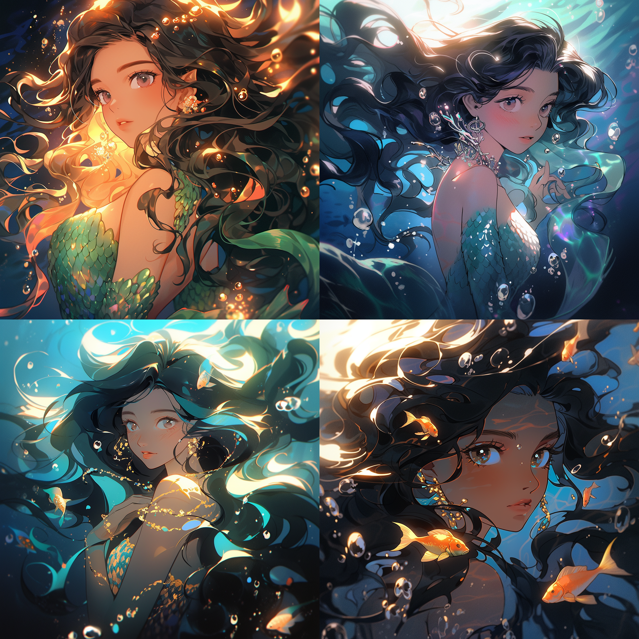 美人鱼长发披散，完美脸庞，海底景观，金色人鱼尾巴，黑直发，霓虹灯背景，轮廓光，透镜光晕，水魔法氛围光照，闪闪发光瞳，头花项链，电影级光照，浪漫气氛，神秘情感。