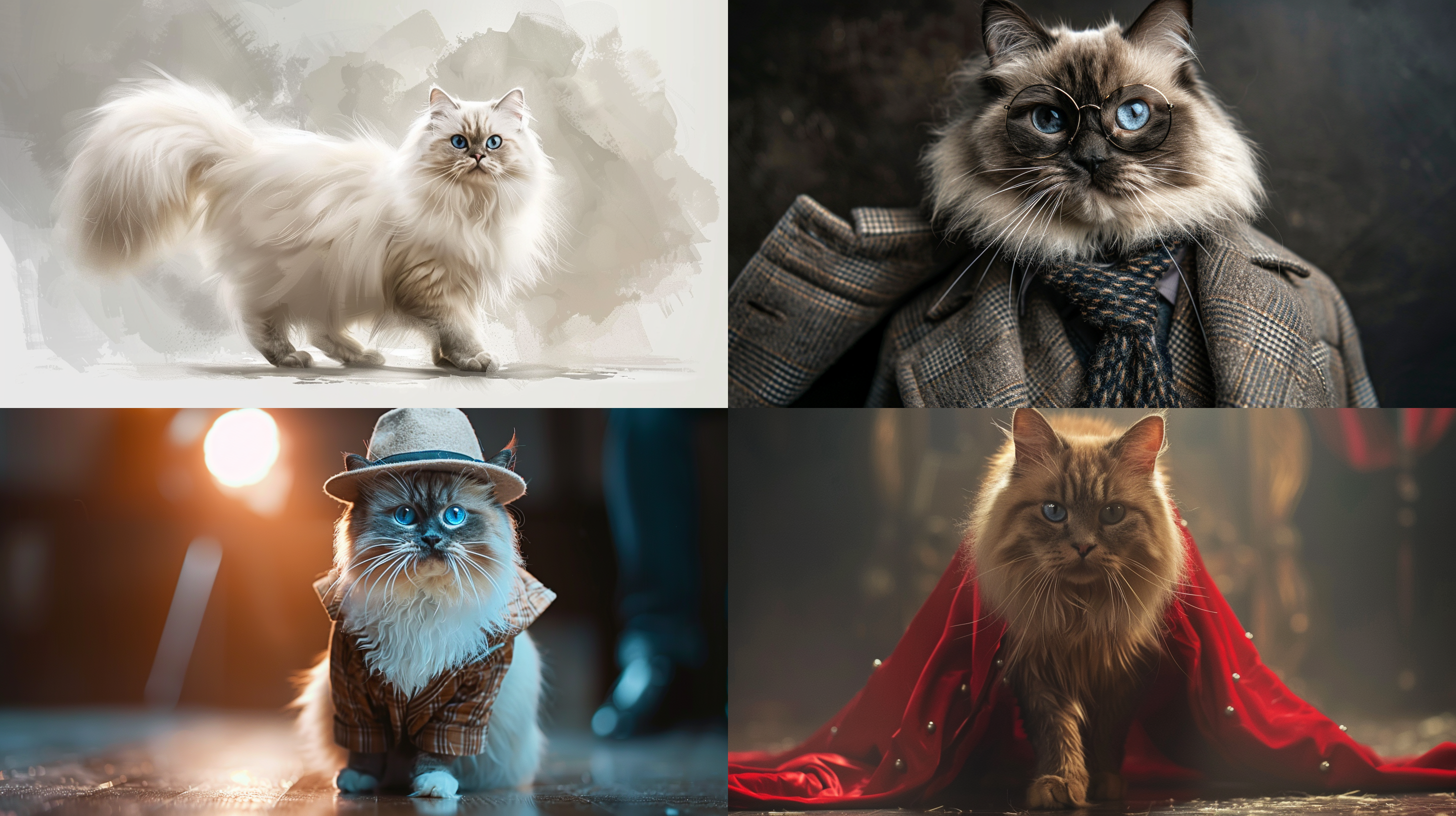 时尚猫，t台秀，追光灯，时尚风格， 优雅和自信的猫。正面视角，高个子，蓝色眼睛，长毛猫，挺立行走，时尚衣服 。