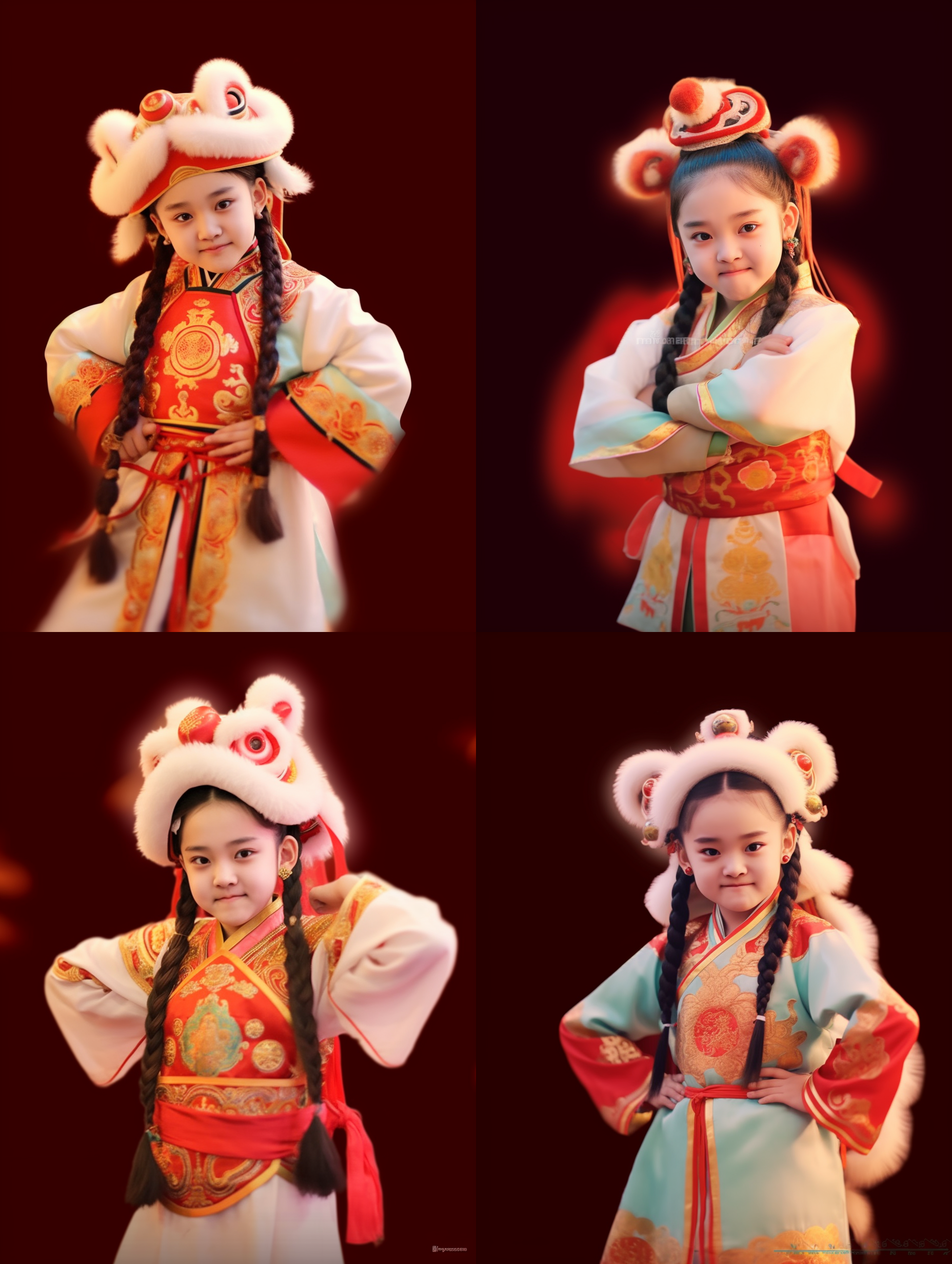 可爱微笑女孩在龙年醒狮表演中，她身着传统民族服装，面带微笑，背景是绚丽的舞台。构图对称，使用长焦镜头，舞台灯光明亮，色彩丰富。女孩手持红色绸带，优雅地舞动，给人愉悦和喜庆的感觉。