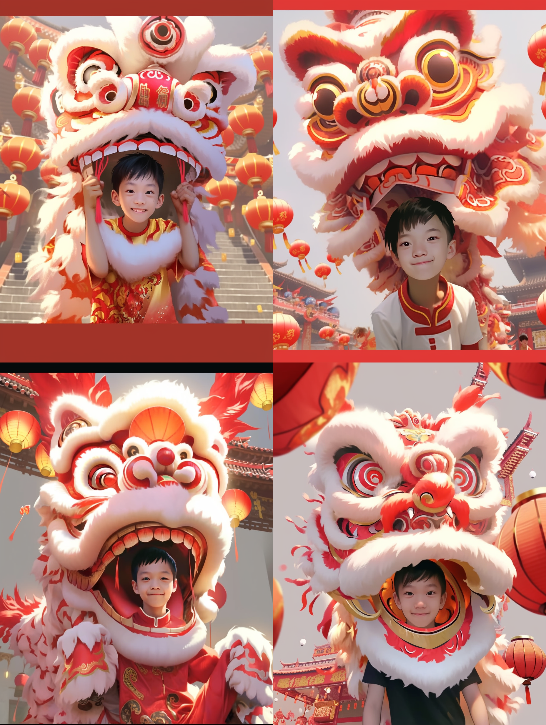 红色醒狮，中国风，倾斜构图，广角镜头，高饱和度，明亮光线，舞动，喜庆，活力