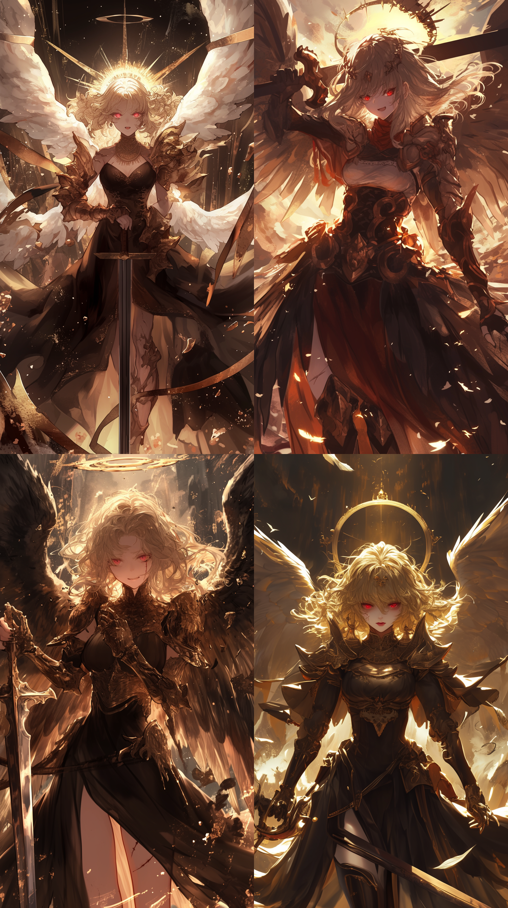 金发女天使，褐色修道服，红色瞳孔，身体伤痕，兴奋表情，圣剑，尸骨，黄昏，惊悚感，垂直构图，暗黑色调，长焦镜头，逆光，静态，细节丰富，冷色调，敬畏。
