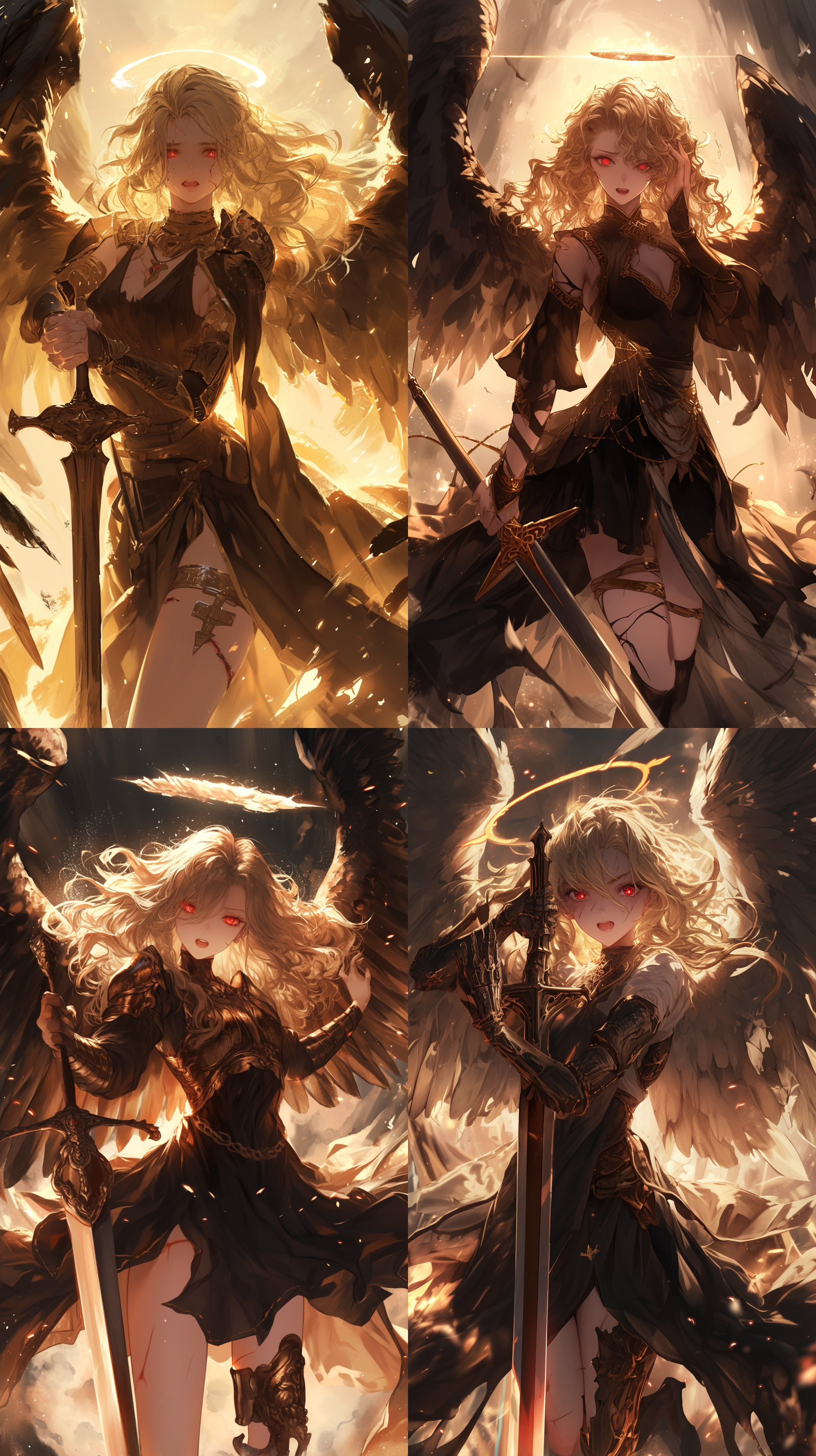 金发女天使，褐色修道服，红色瞳孔，身体伤痕，兴奋表情，圣剑，尸骨，黄昏，惊悚感，垂直构图，暗黑色调，长焦镜头，逆光，静态，细节丰富，冷色调，敬畏。