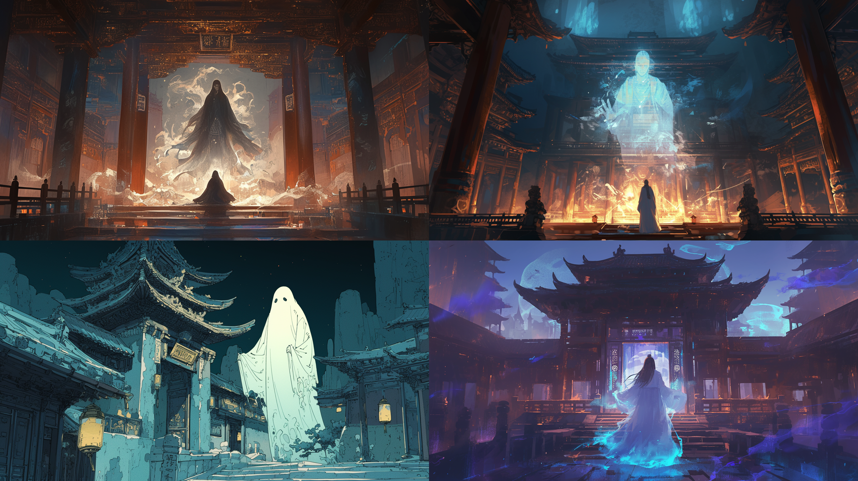 一个幽灵，背景是明朝宫殿，阴森风格 幽灵在宫殿中央漂浮，古朴建筑，暗调，长袍，苍白面容，肃穆，恐惧，灯光，静止。