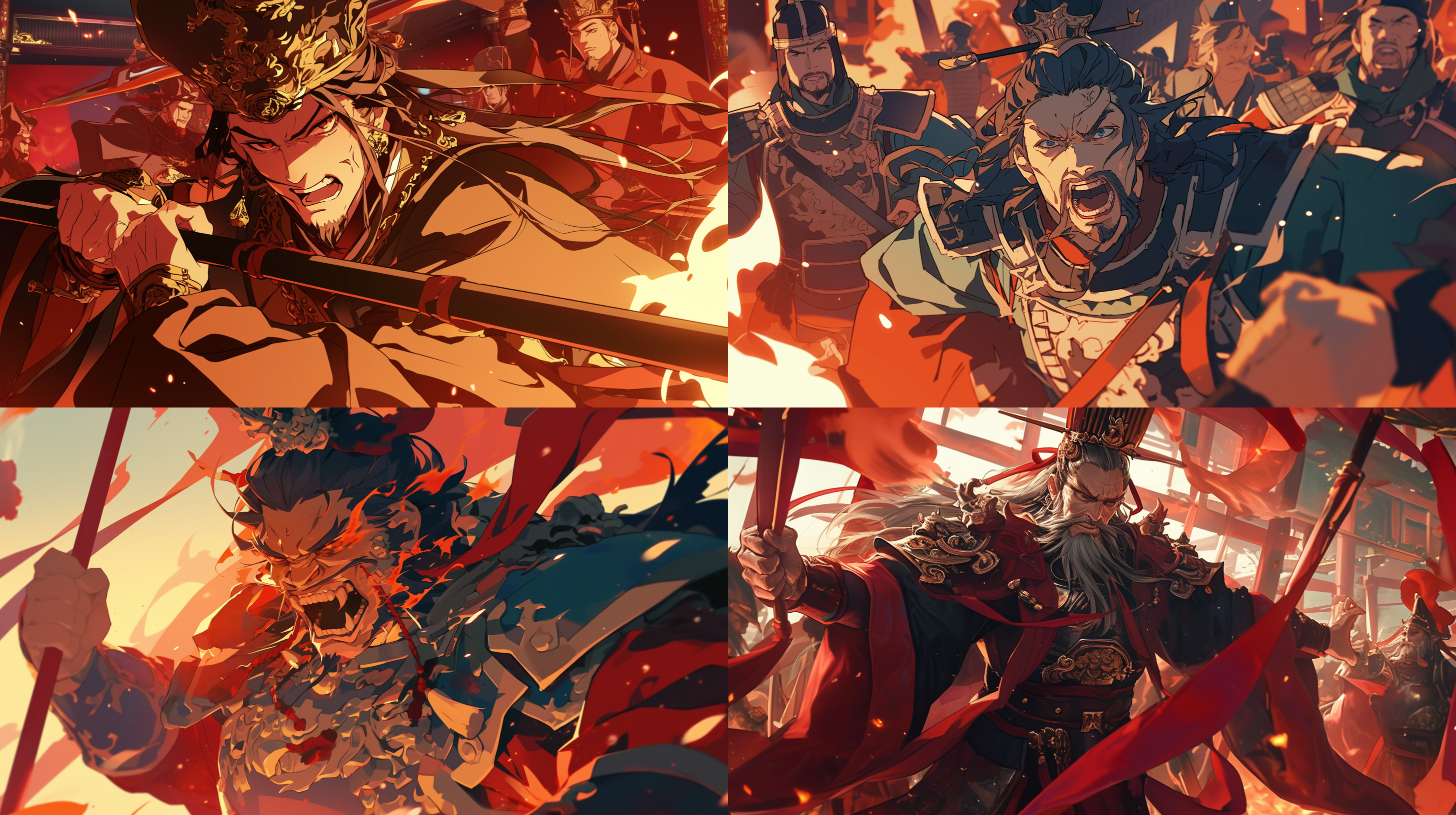 明朝武将怒骂皇帝，动漫游戏风格，室内场景，怒容满面，古装盔甲，高角度视角，暗色调，特写镜头，愤怒动作，细节丰富，红色配饰，激烈情绪。高光强烈，背景模糊，极致锐利，紧张氛围，火焰效果，动感十足。