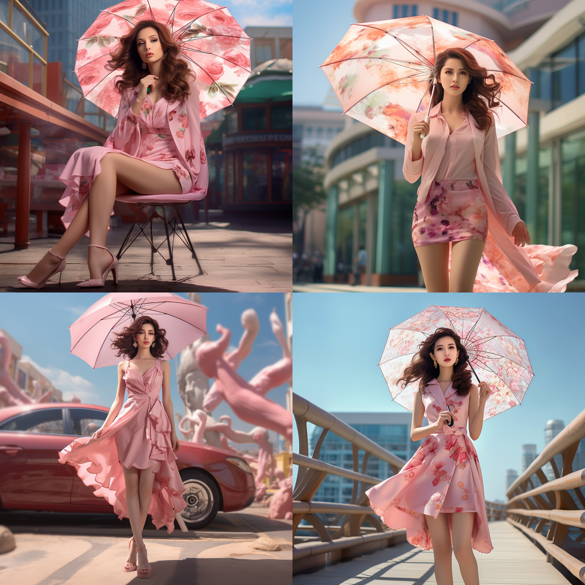 中国绝世美女，图书馆外，粉色遮阳伞，碎花连衣裙，长腿，高跟鞋，沙滩，海浪，城市背景，专业人物摄影，8k画质，全身照，阳光，苗条，丝袜，色彩饱和，颜色丰富。