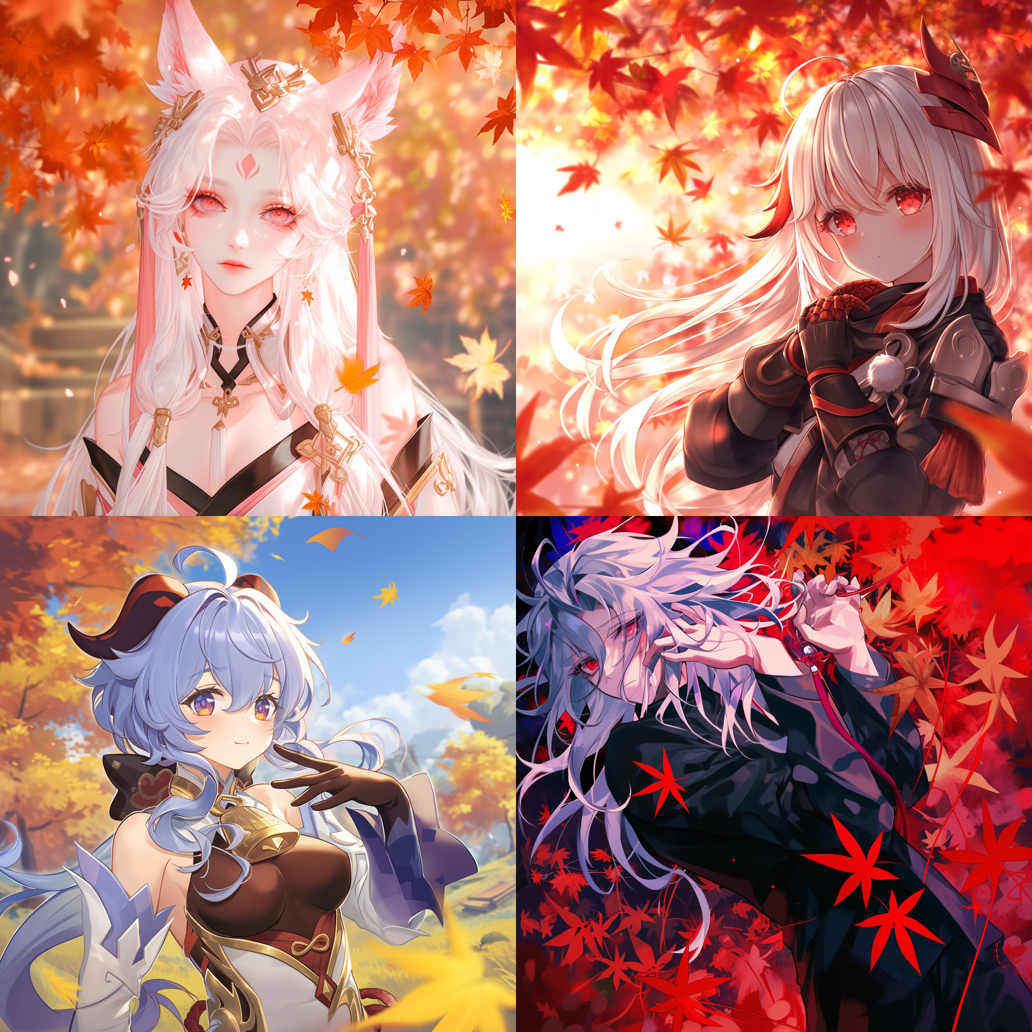 genshin impact，(((原神枫原万叶)))，背景枫叶林，飘落的枫叶，正太，红瞳，复杂复杂的头发，银白的头发，可爱，背景枫叶林，飘落的枫叶，正太，红瞳，复杂复杂的头发，银白的头发，可爱，最高品质，极致细节，精致的头发刻画，精致的眼睛刻画，精致的刻画，精致的眼睛刻画