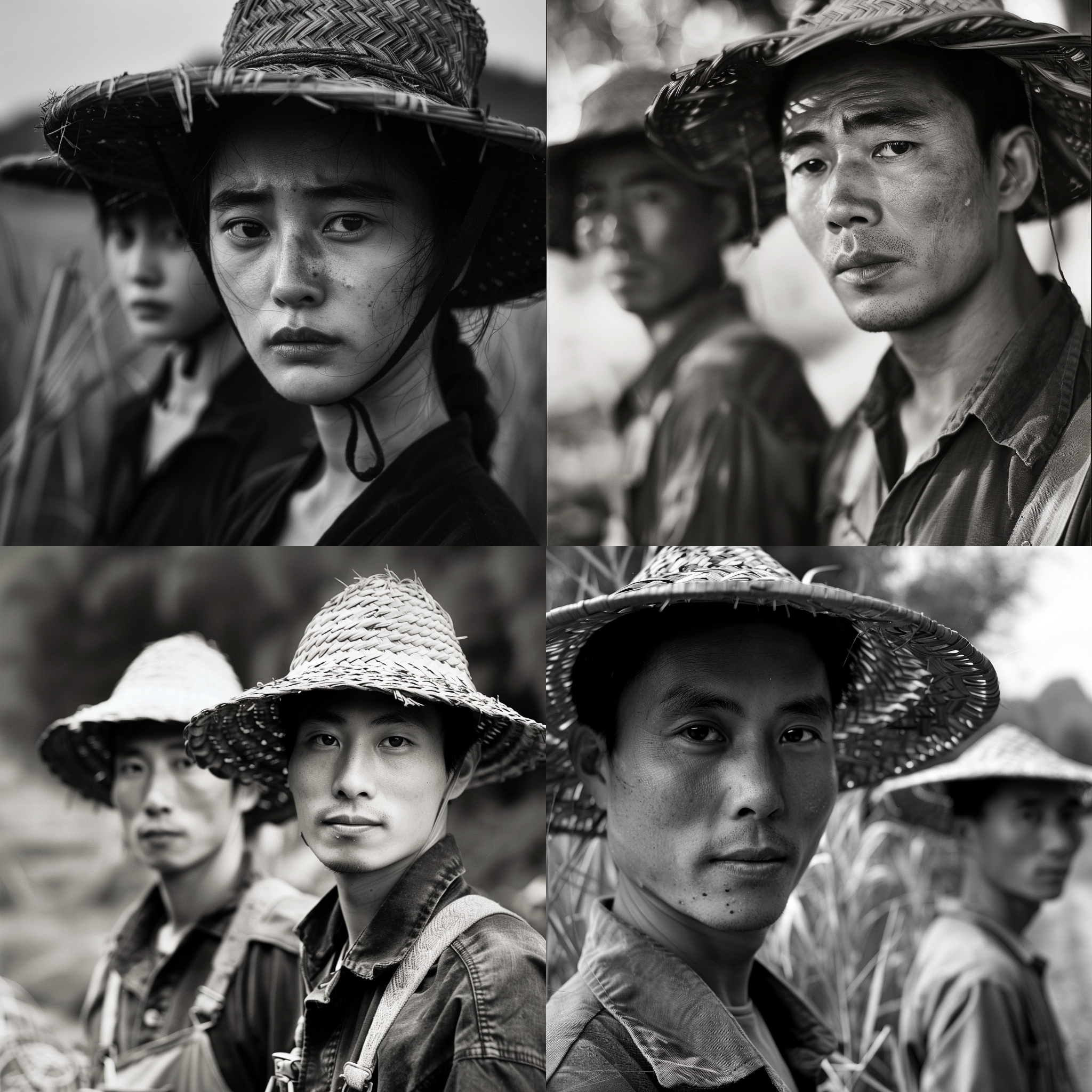 中国农民头戴草帽，凝视镜头，超写实风格，森山大道风格，黑白摄影，50mm定焦镜头，户外田园风景，侧光，决然表情，传达坚毅与决心。