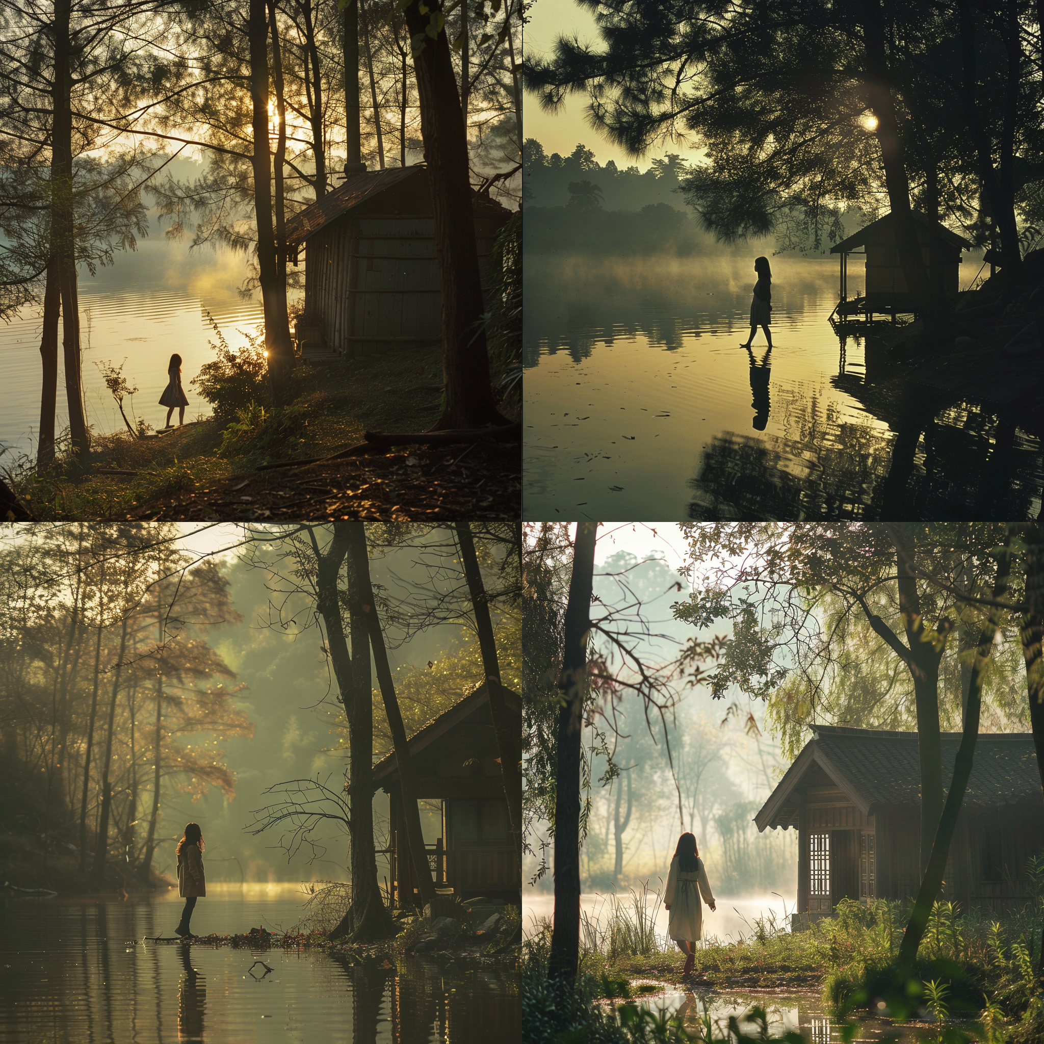 中国女生，森林散步，小木屋，日出背影，景色主题，安静，环境，背影，柔和光线，自然色调，静态，镜头焦距，湖泊，树木，平衡。