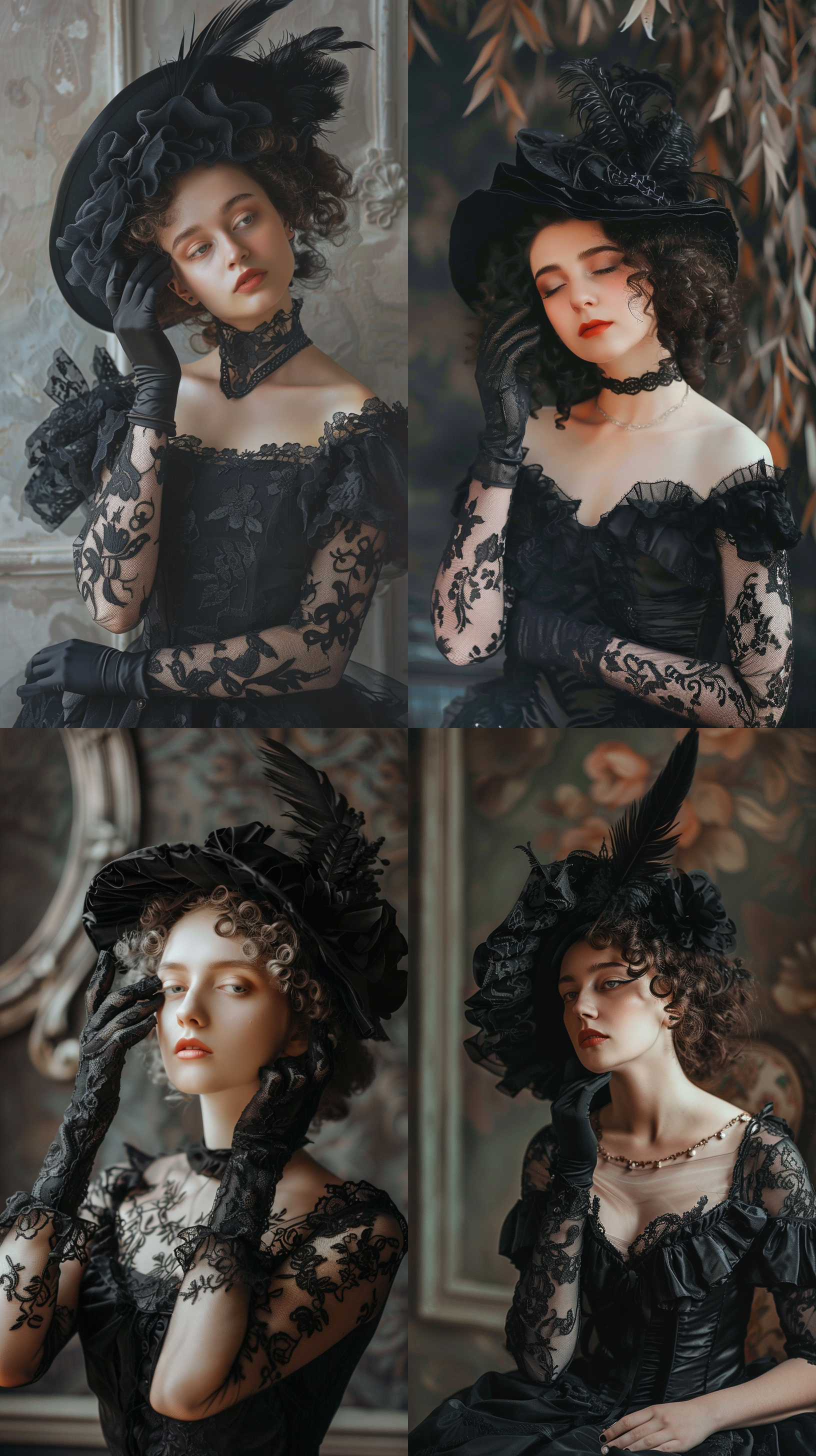 杰作，最好的质量，一个女孩儿，单人，玲珑曲线，婀娜多姿，沉思的女人，黑色蓬松的连衣裙，复杂的蕾丝，黑色刺绣手套，一片精致的羽毛在帽子上，卷发，苍白的皮肤，淡妆，温柔的微笑，精致的领口，文艺电影的质感，静物