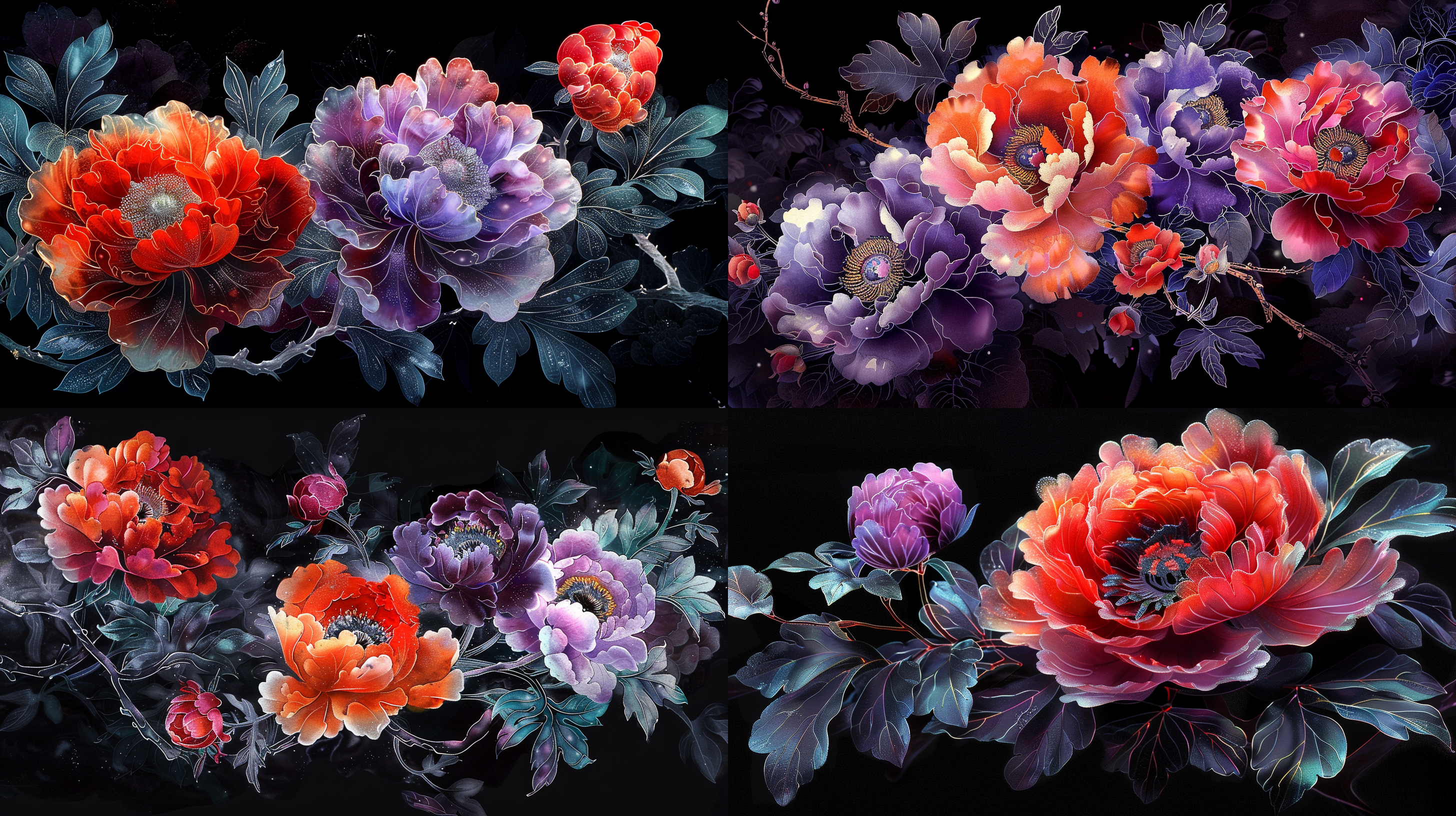 生成中国传统国画构图布局风格的多色冰晶牡丹，以红色，橙红色，紫色和粉红色冰晶花瓣，6个花头，有枝叶，高度的艺术美感，惊叹的艺术效果，艺术唯美，细节丰富，专业艺术摄影，全景，写实，逼真，晶莹剔透，黑色背景。