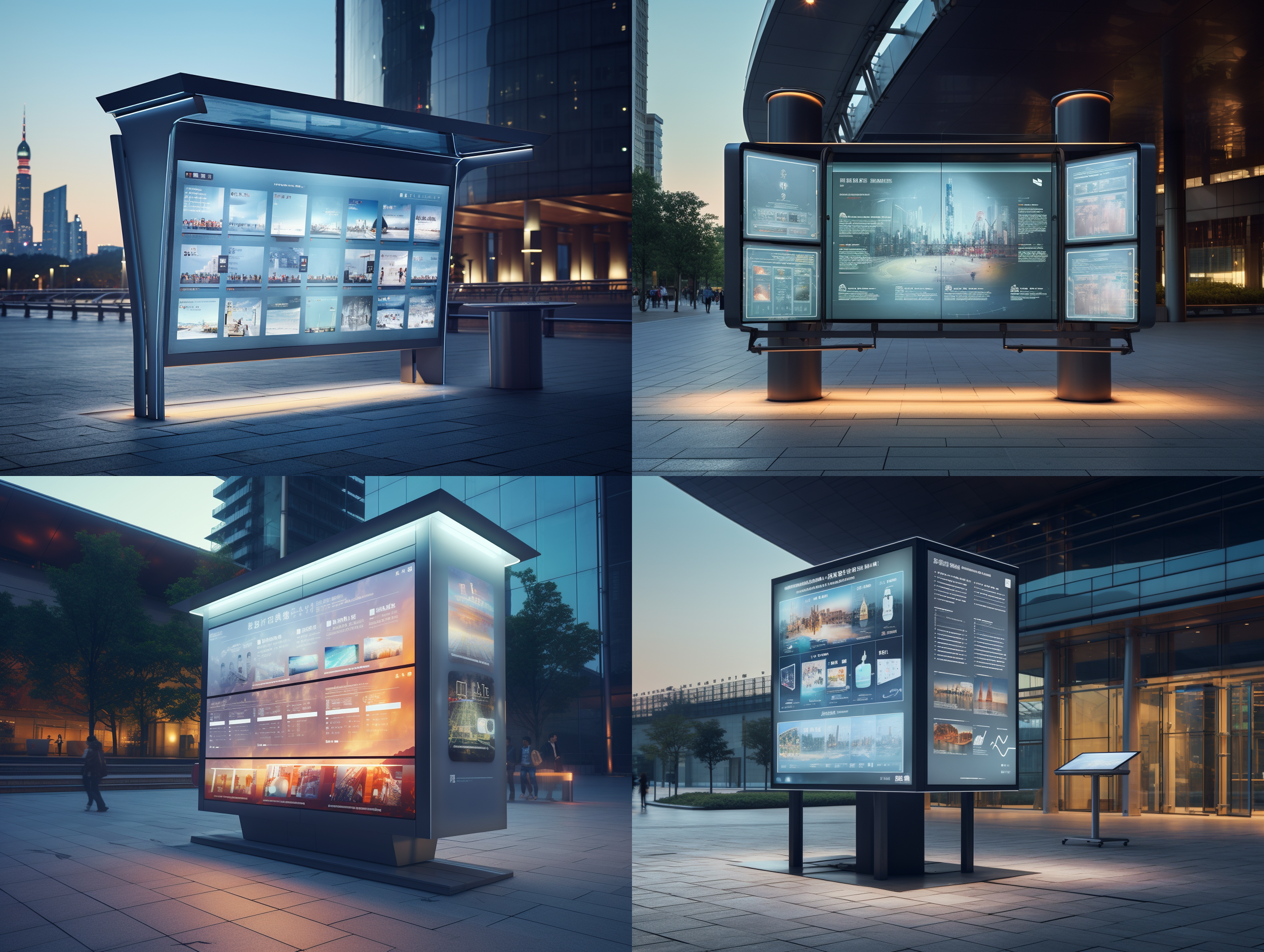 连体公告栏，整体造型为4根立柱加三个玻璃灯箱，顶上带顶篷偏一个面，灯箱内贴工厂介绍图文，放在中国工业园区，现代科技风格，金属材质，发光，大气，对称构图，明亮光线，2k，