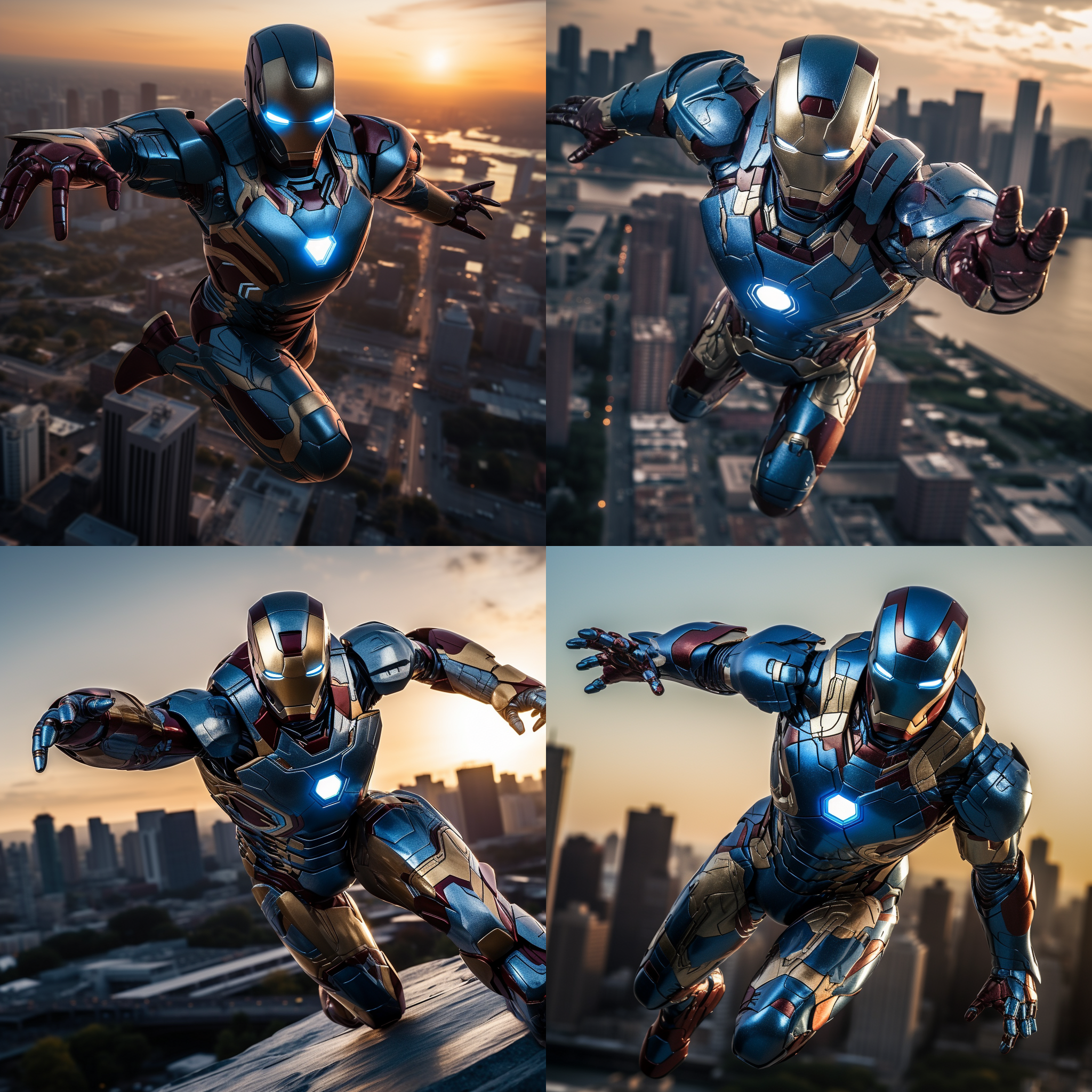 钢铁侠飞行，城市天际线，夕阳余晖，动作决绝，金属质感，蓝色调，长焦镜头，逆光，特技飞行，震撼。