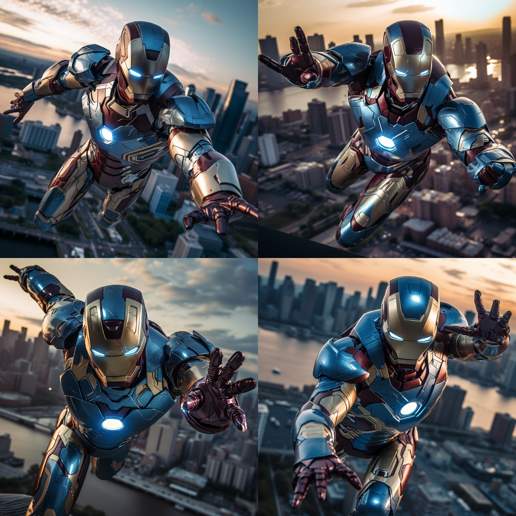 钢铁侠飞行，城市天际线，夕阳余晖，动作决绝，金属质感，蓝色调，长焦镜头，逆光，特技飞行，震撼。