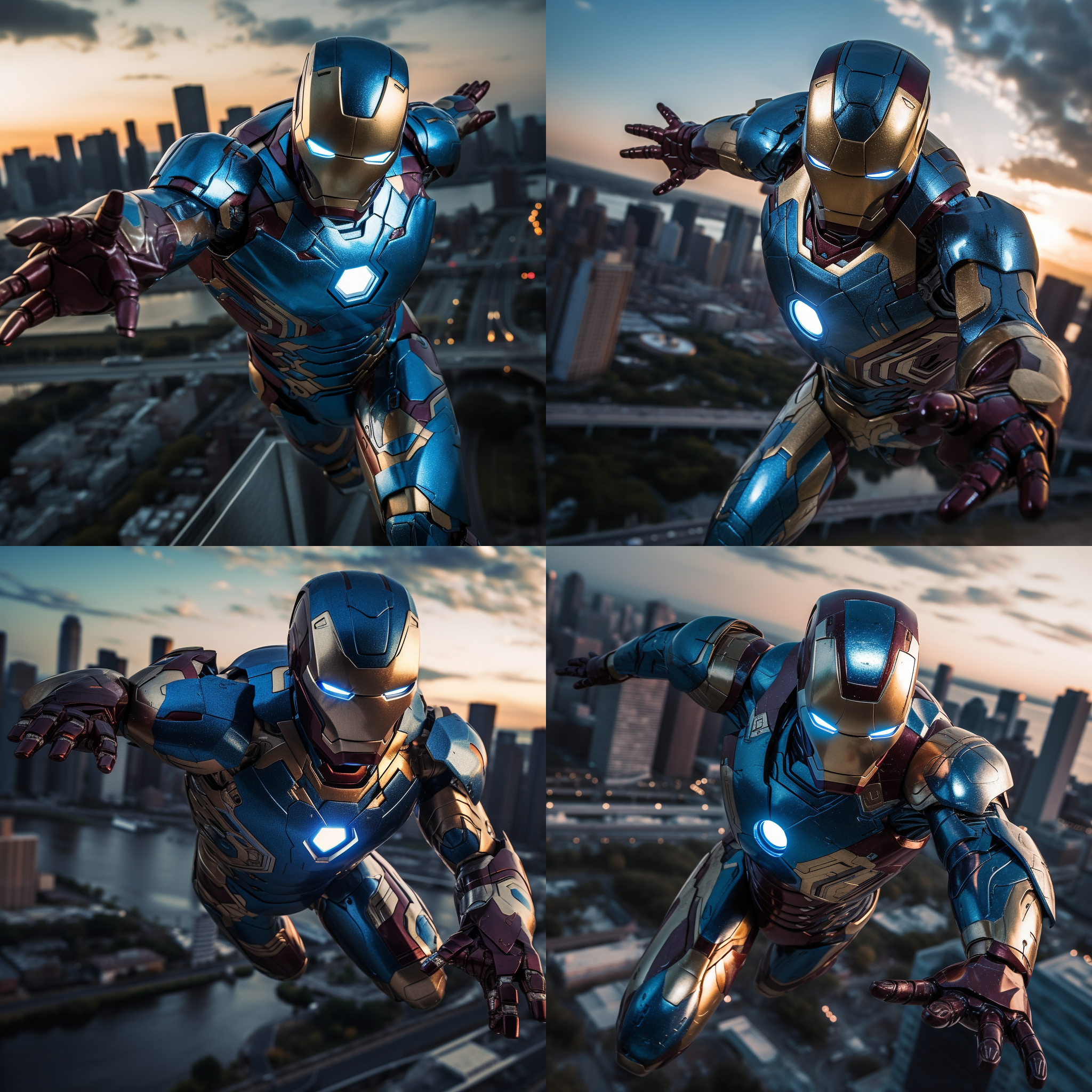 钢铁侠飞行，城市天际线，夕阳余晖，动作决绝，金属质感，蓝色调，长焦镜头，逆光，特技飞行，震撼。