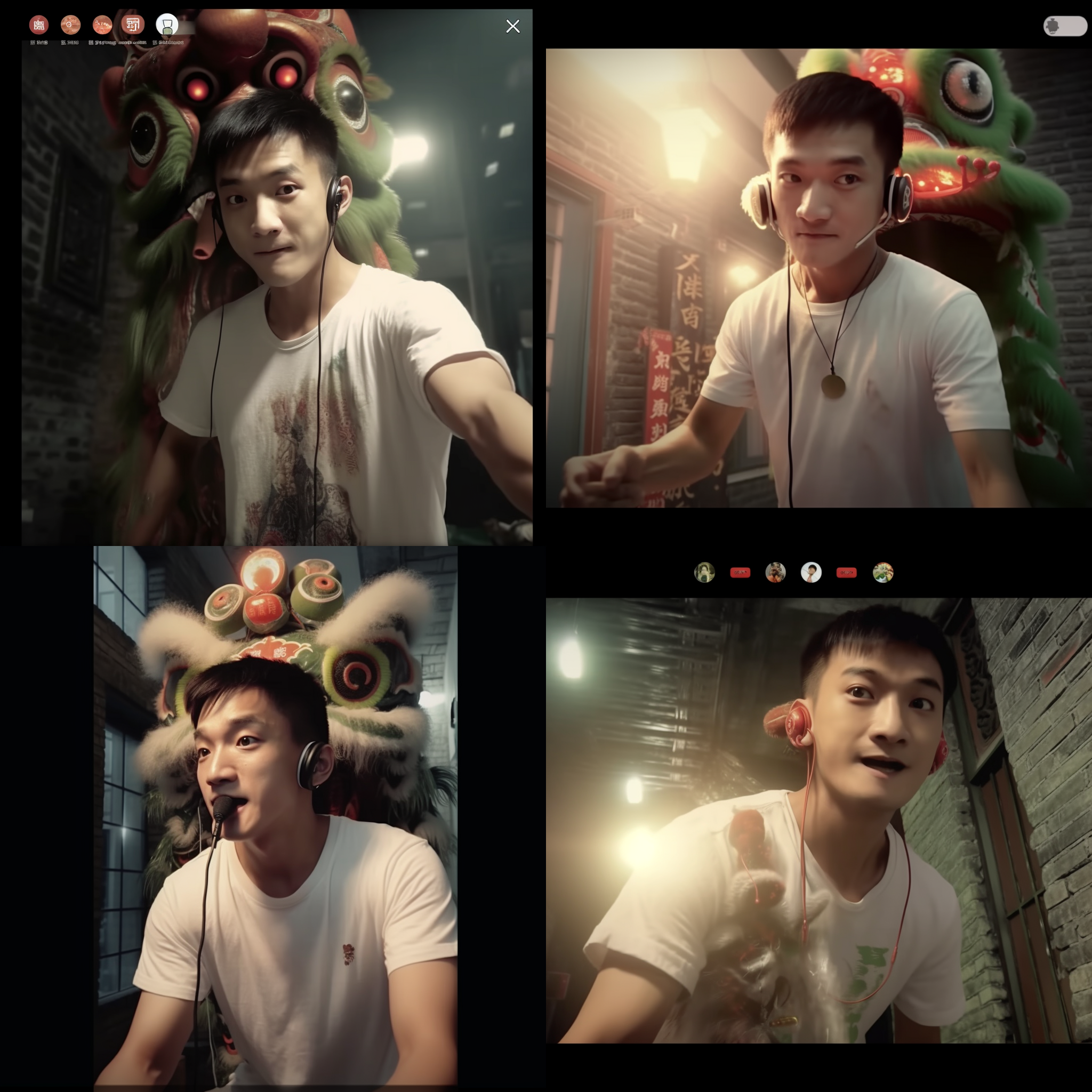 中国风醒狮，庭院中，双鱼眼镜头，金色灯光，传统服饰，雄壮气势，舞动，红色金黄，喜庆祥和，高光，绚丽夺目。