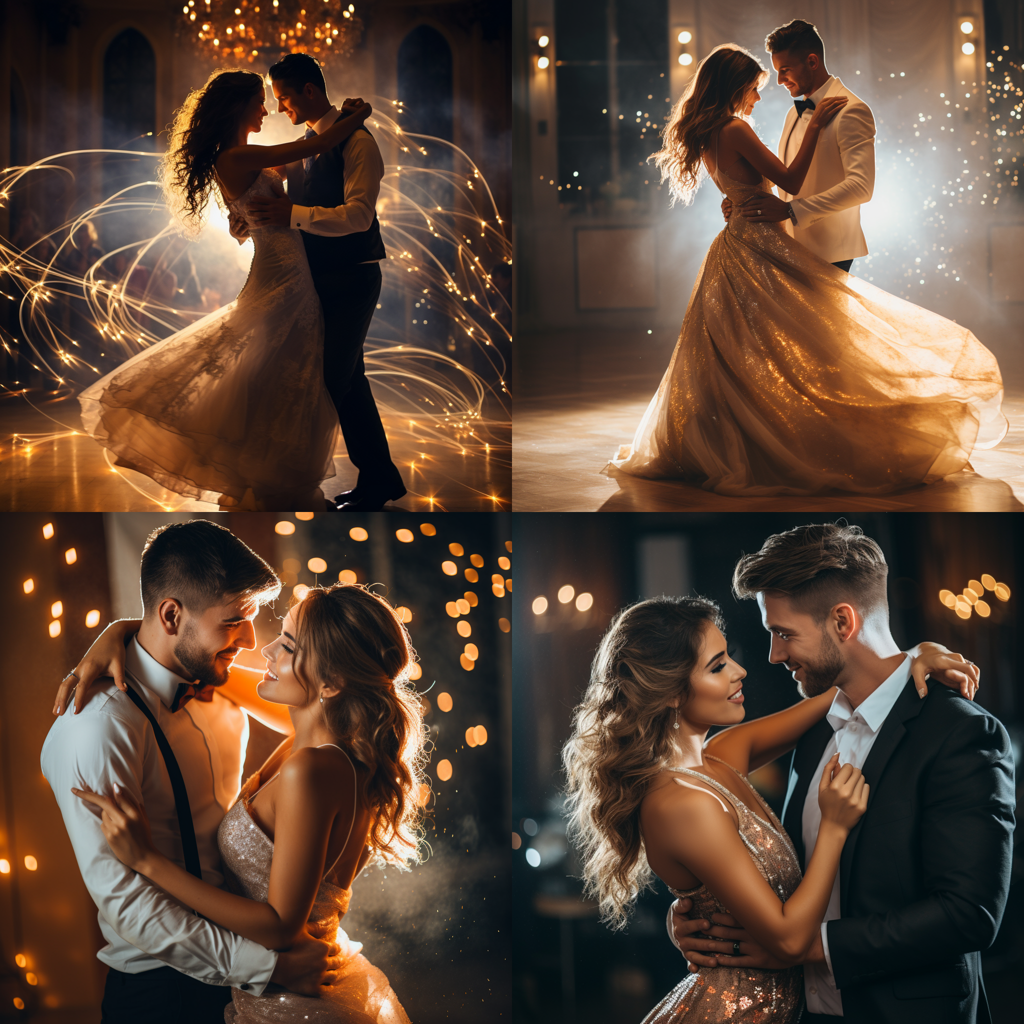 舞曲双人浪漫舞会，室内舞池，闪耀灯光，华丽礼服，快门拍摄，优雅舞姿，喜悦笑容，暖色调，情侣舞蹈，浪漫氛围。