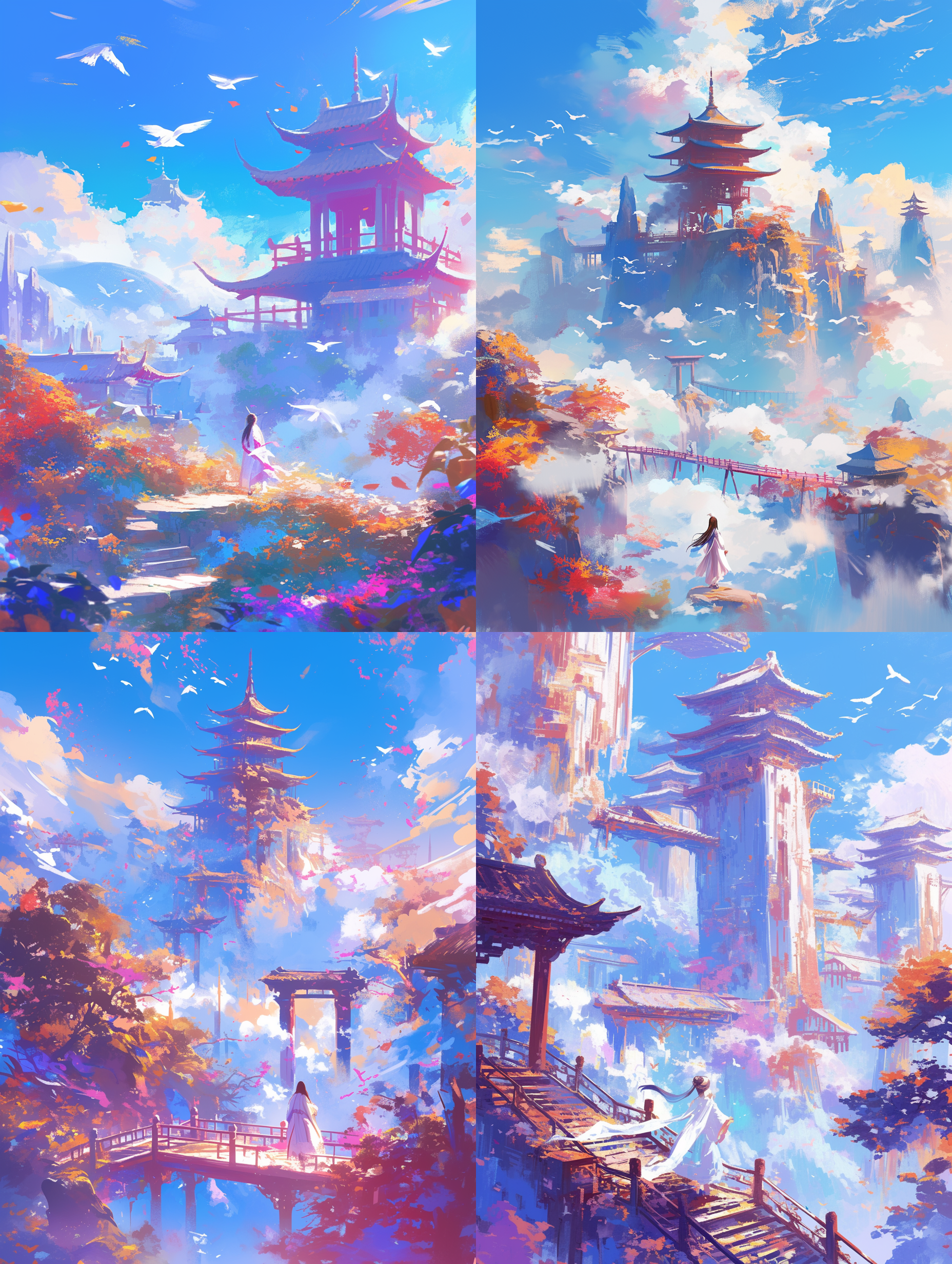 天地浩瀚，仙境，雾气，佛塔隐约可见，白衣女子走向佛塔，古代白衣女子，色彩艳丽，细节丰富，动感，中国古风动漫，纵向构图