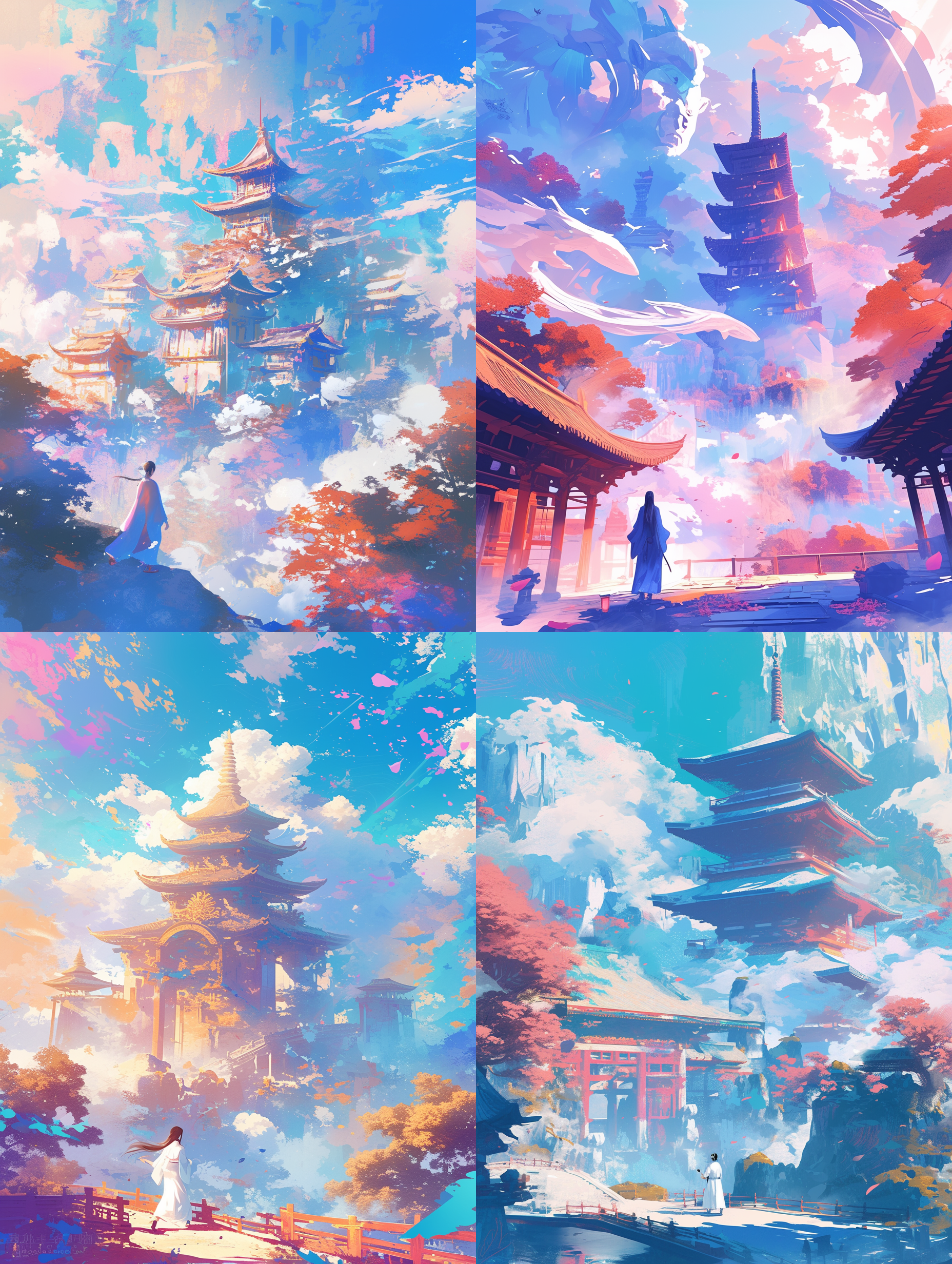 天地浩瀚，仙境，雾气，佛塔隐约可见，白衣女子走向佛塔，古代白衣女子，色彩艳丽，细节丰富，动感，中国古风动漫，纵向构图