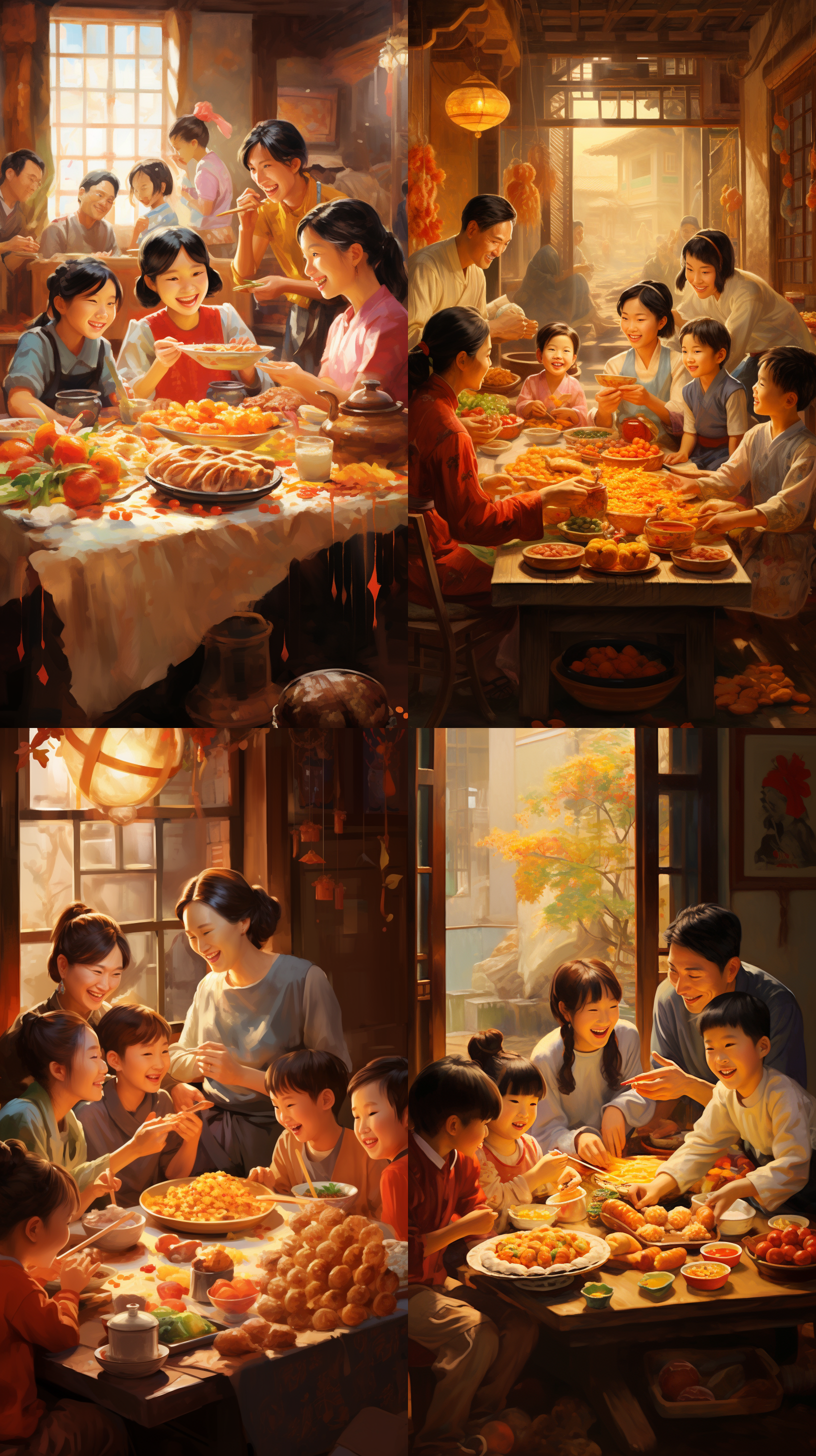 元宵节，全家围桌吃汤圆，古建筑内，温馨，家庭聚会，传统节日，暖色调，标准镜头，自然光，笑容，传统服饰，团聚，喜悦。