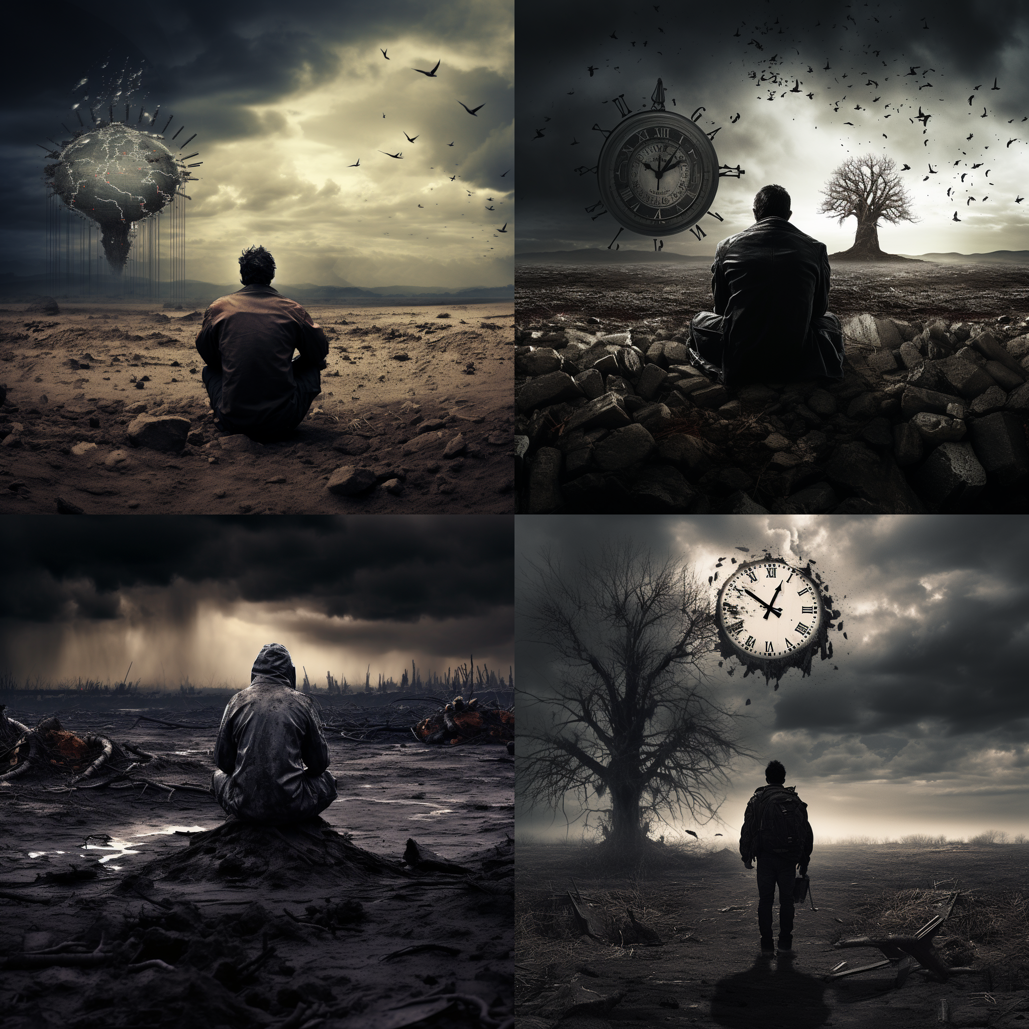 地球毁灭倒计时，人类逃亡等待，荒芜地球，无水源，孤树独立，无人迹，灰天,科幻风格,末日主题,高饱和度,长焦镜头,暗调,特写,无人,绝望,孤独。