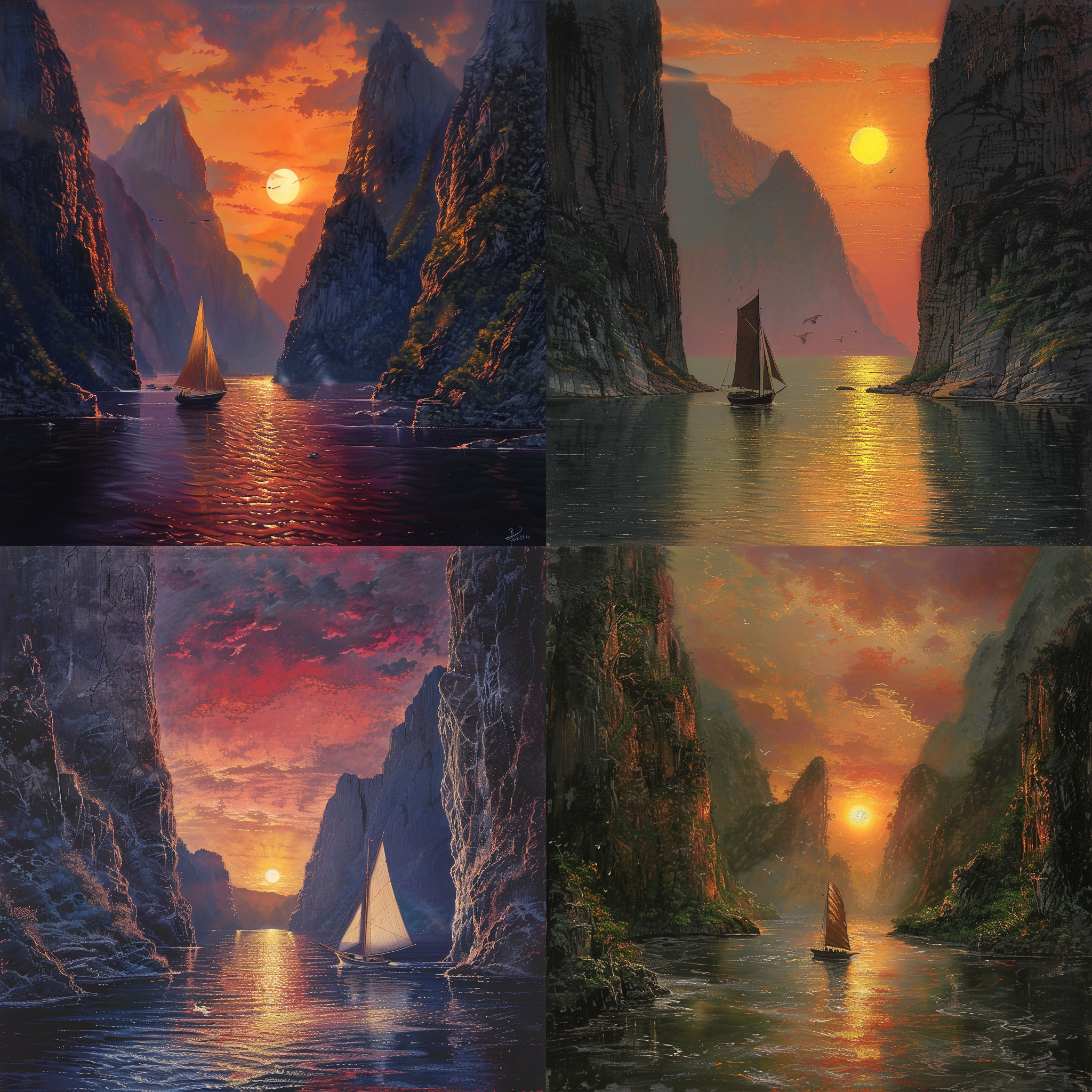 夕阳下一艘帆船漂流在两山高耸的江水中，远景，全景， 