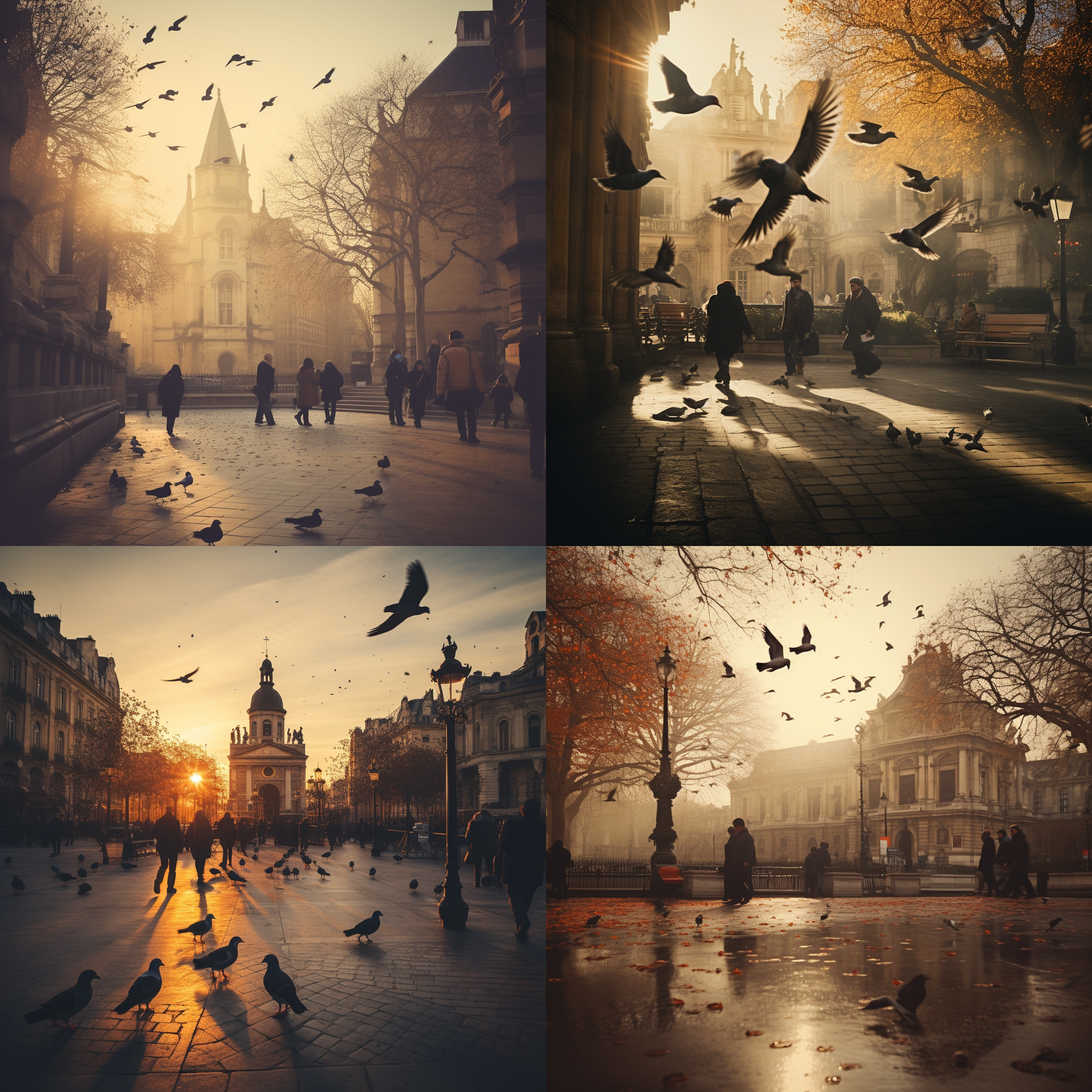 中国人在巴黎街头，空无一人，鸽子飞翔，教堂远处，喷泉近处，傍晚时分，老照片风格，温馨，宁静，复古色调，广角镜头，迷离光影，慢门速度。