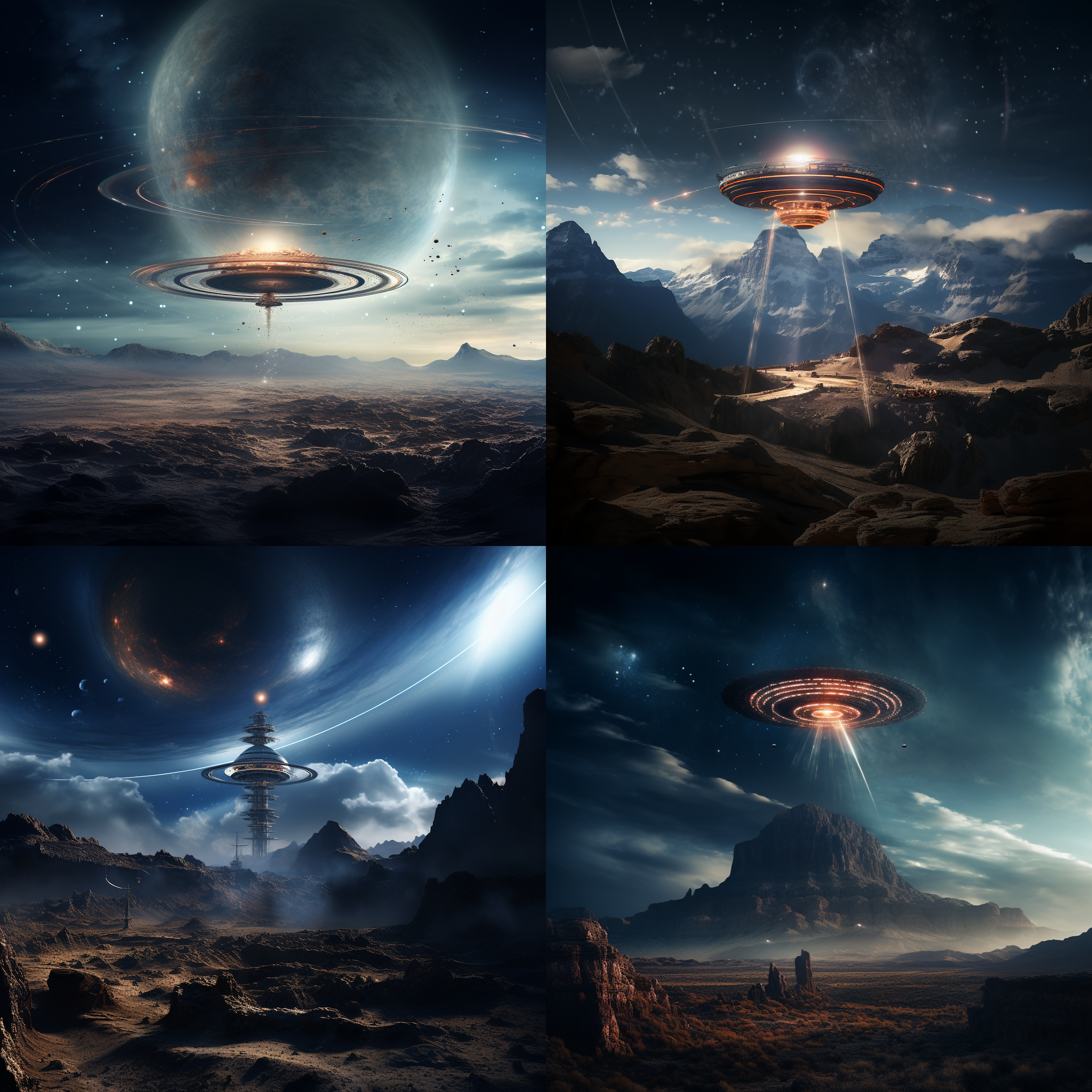 太空中的飞碟在穿越行星磁场时，周围是一片壮丽的景象。照片呈现出内旋转通天梯山体塔的壮观景观，飞碟被放置在画面的右上角，构图对称平衡。采用广角镜头，突出行星和通天梯的宏伟气势。光线柔和而神秘，色调偏向冷色调，给人一种神秘而神圣的感觉。