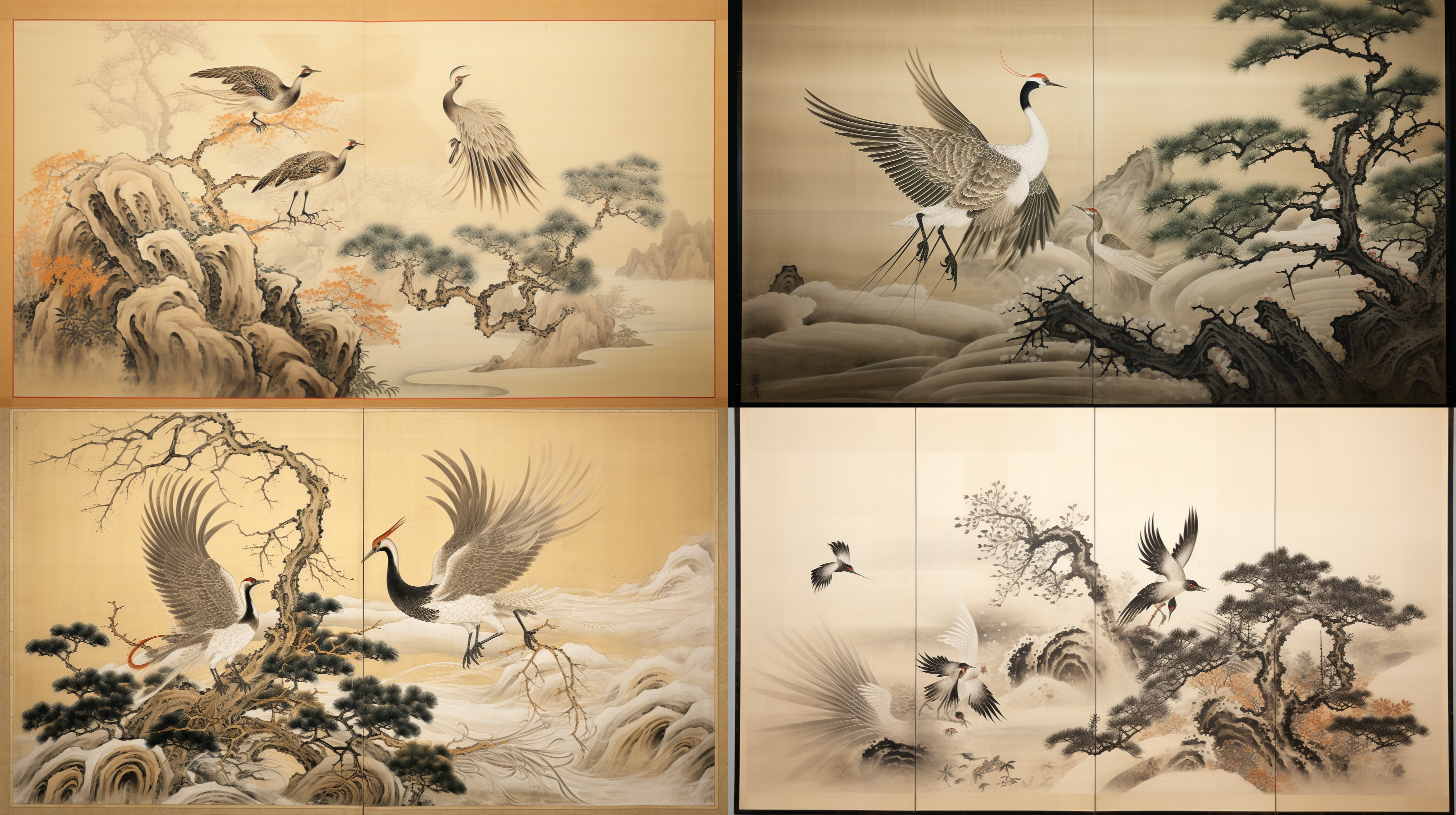 水墨画中，一只松鹤翩翩起舞，展翅欲飞。画面采用传统的对角线布局，利用高对比度和明暗处理，突出了松鹤的优雅与灵动。背景中绘有阴阳五行八卦两仪四象图案，祥云缭绕其间，寓意吉祥如意。整幅画采用古典的水墨风格，配以柔和的色调，展现出古朴与神秘的氛围。