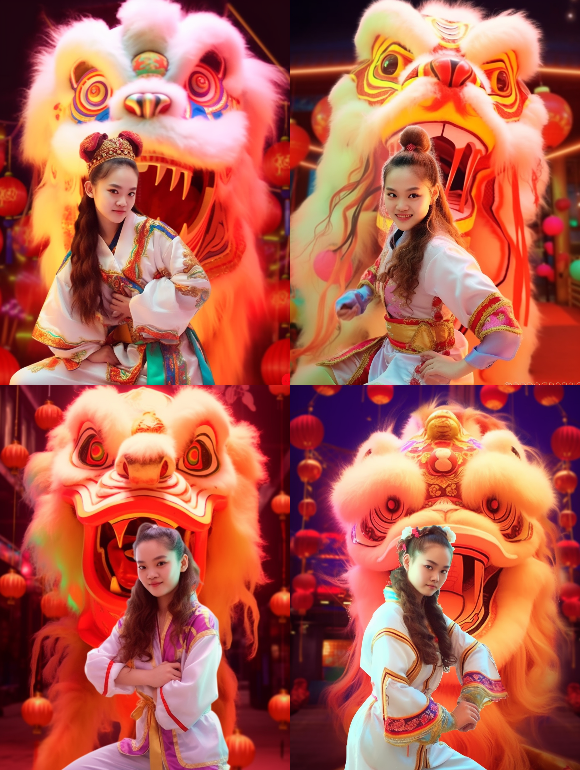 醒狮与女孩，城市街道，夜晚，霓虹灯光，华丽服饰，微笑，喜悦，竖直构图，明亮色调，长焦镜头，侧光，舞蹈动作，兴奋。