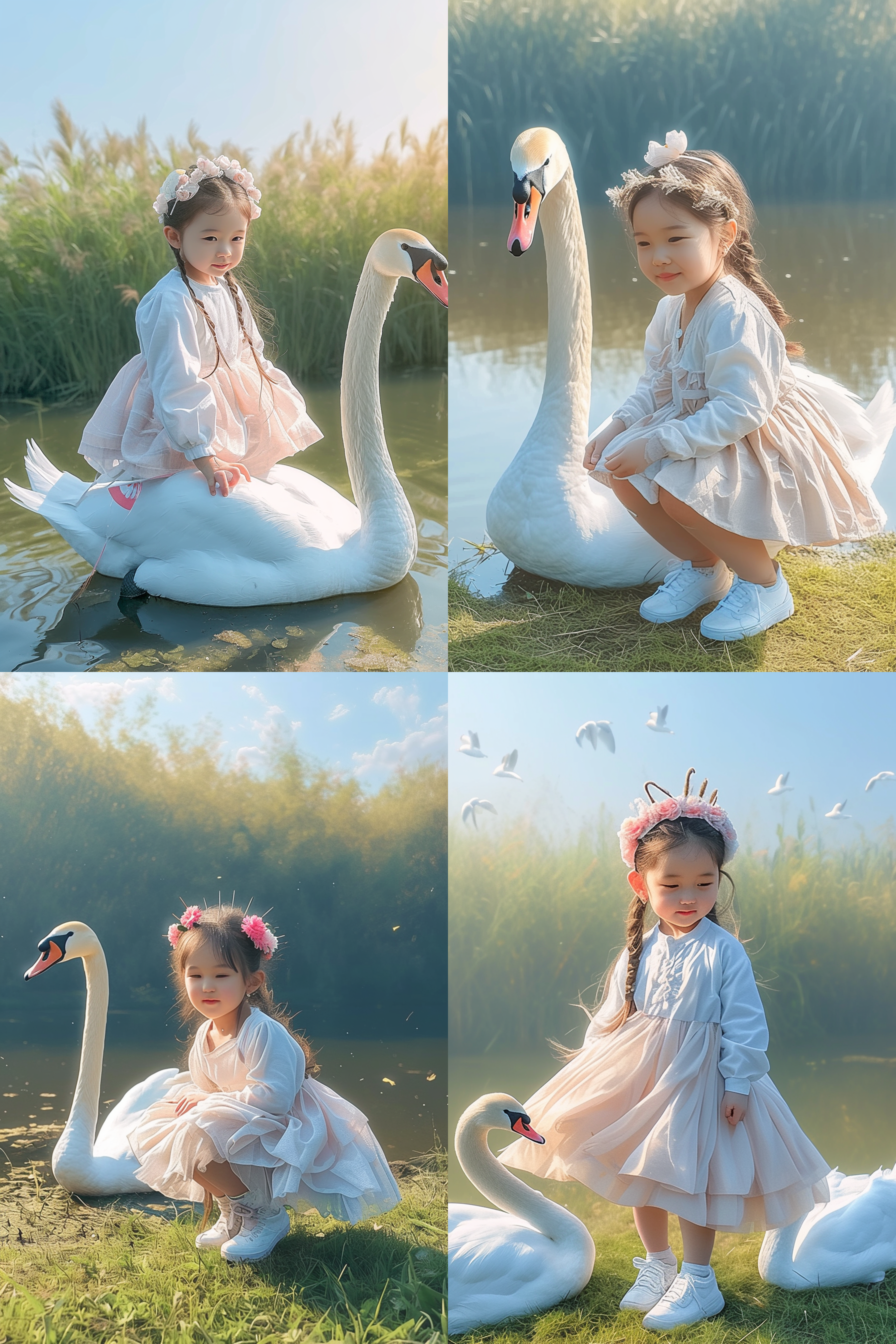 在一个宁静的湖泊边，一个可爱的女孩戴着花冠，蹲在水边，与一只白天鹅互动。她的长发随风飘扬，微笑着看着天鹅。照片以对角线布局为特点，使用柔光和暖色调，展现了温馨和宁静的氛围。女孩穿着粉色连衣裙，面带微笑，与天鹅形成了和谐的画面。 湖泊，女孩，白天鹅，花冠，水边，长发，微笑，对角线布局，柔光，暖色调，温馨，宁静，粉色连衣裙，和谐