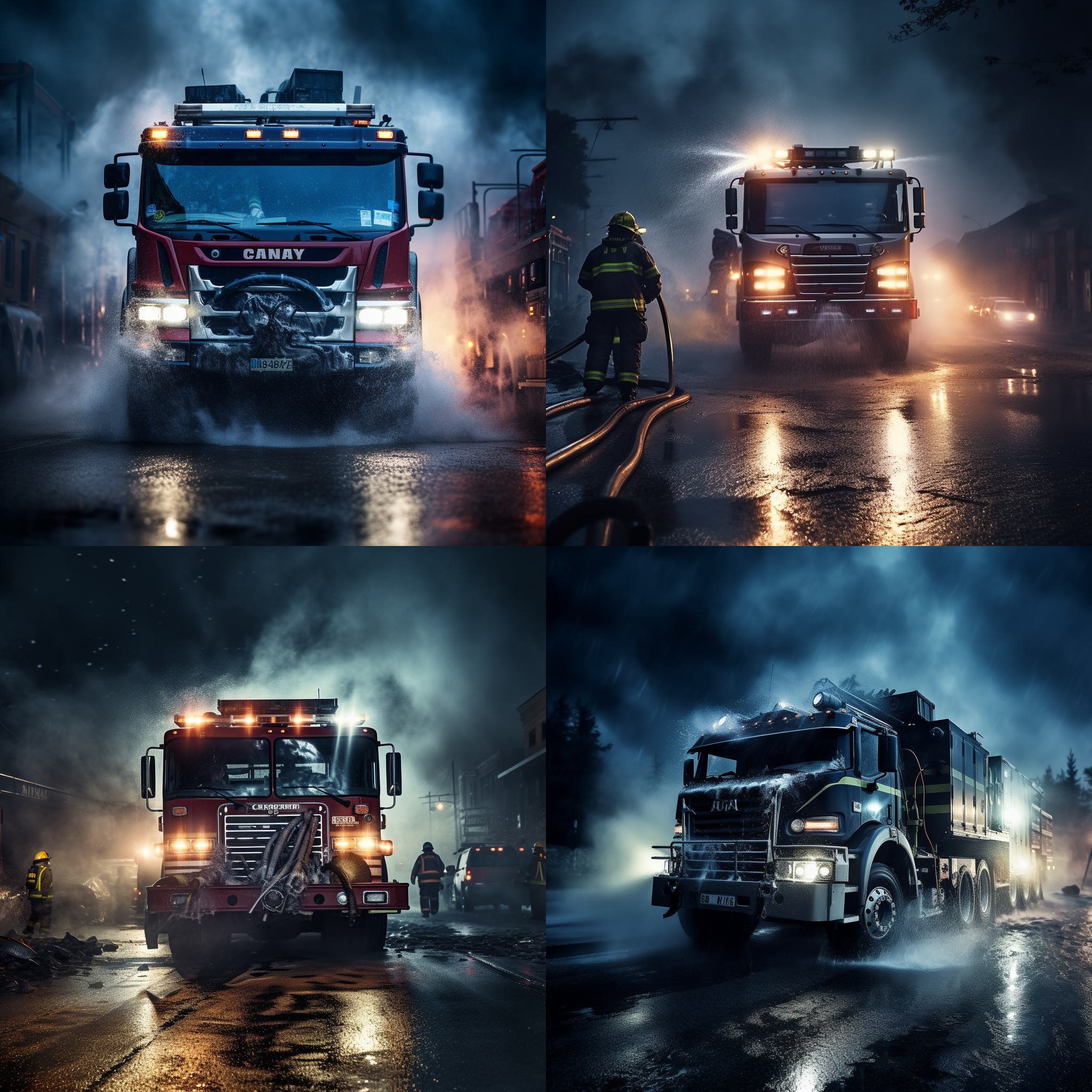 消防员逆行在暴雨中，消防车驶向大火，强烈动态构图，倾斜角度，水花四溅，蓝色调，长焦镜头，高速快门，烟雾弥漫，英雄主义，紧急情况。