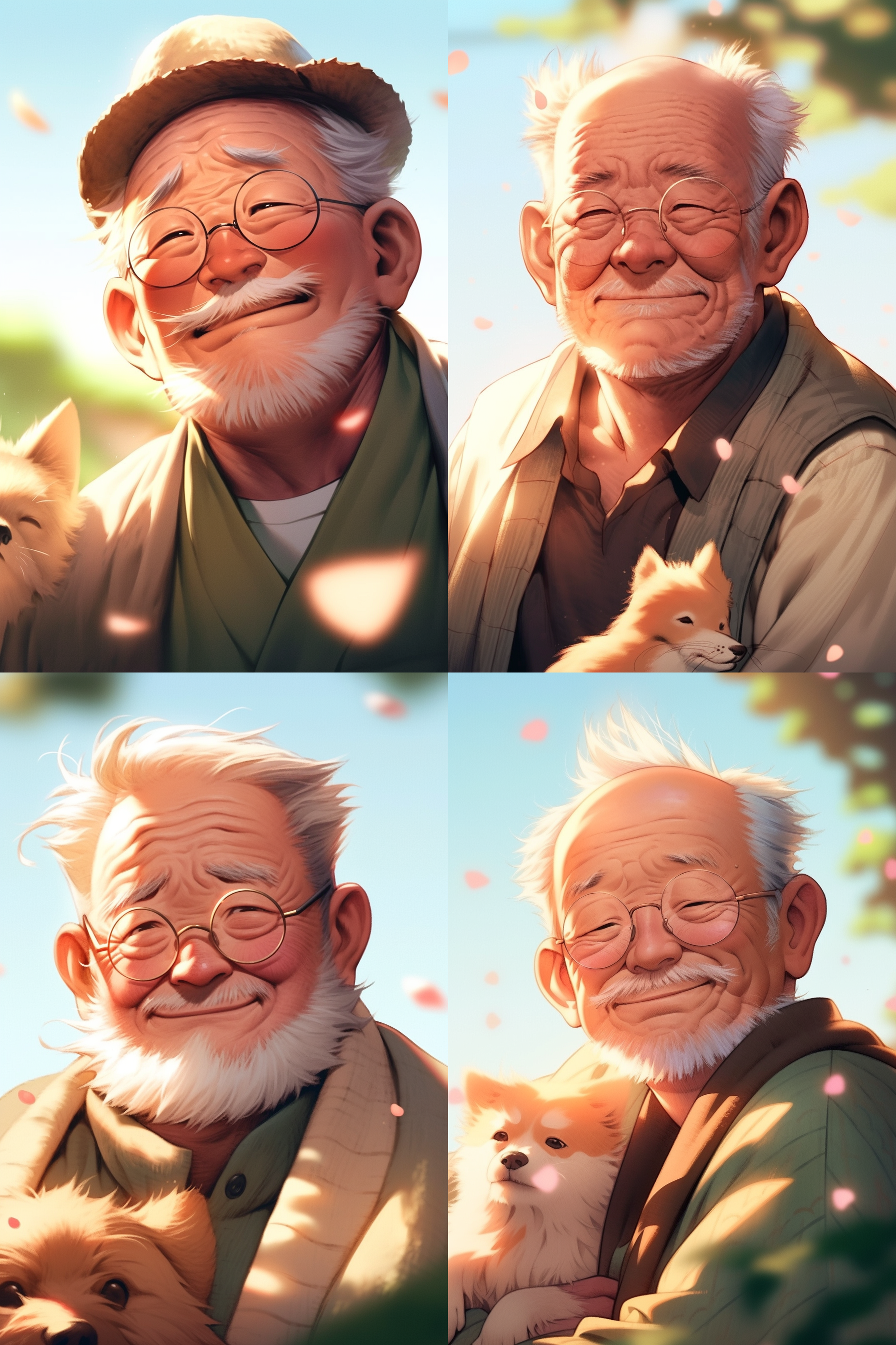 卡通风格，可爱老爷爷，无眼镜，花园里，色彩缤纷，中景构图，正面拍摄，柔和光线，微笑，温馨，明亮。