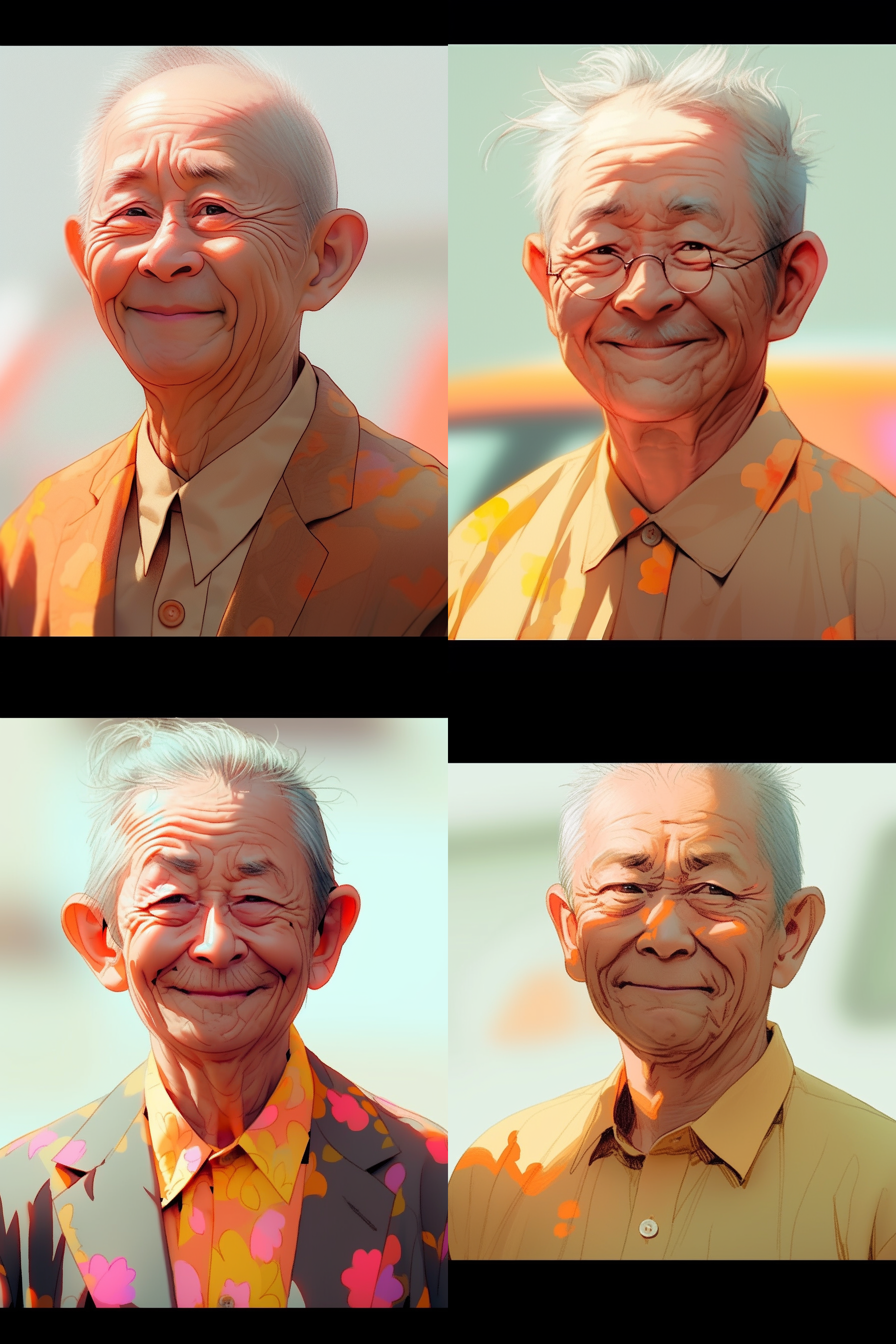 卡通风格老头，不戴眼镜，没有胡子，短发，微笑，明亮色调，简单背景，正脸特写，柔光，细节丰富，温暖。