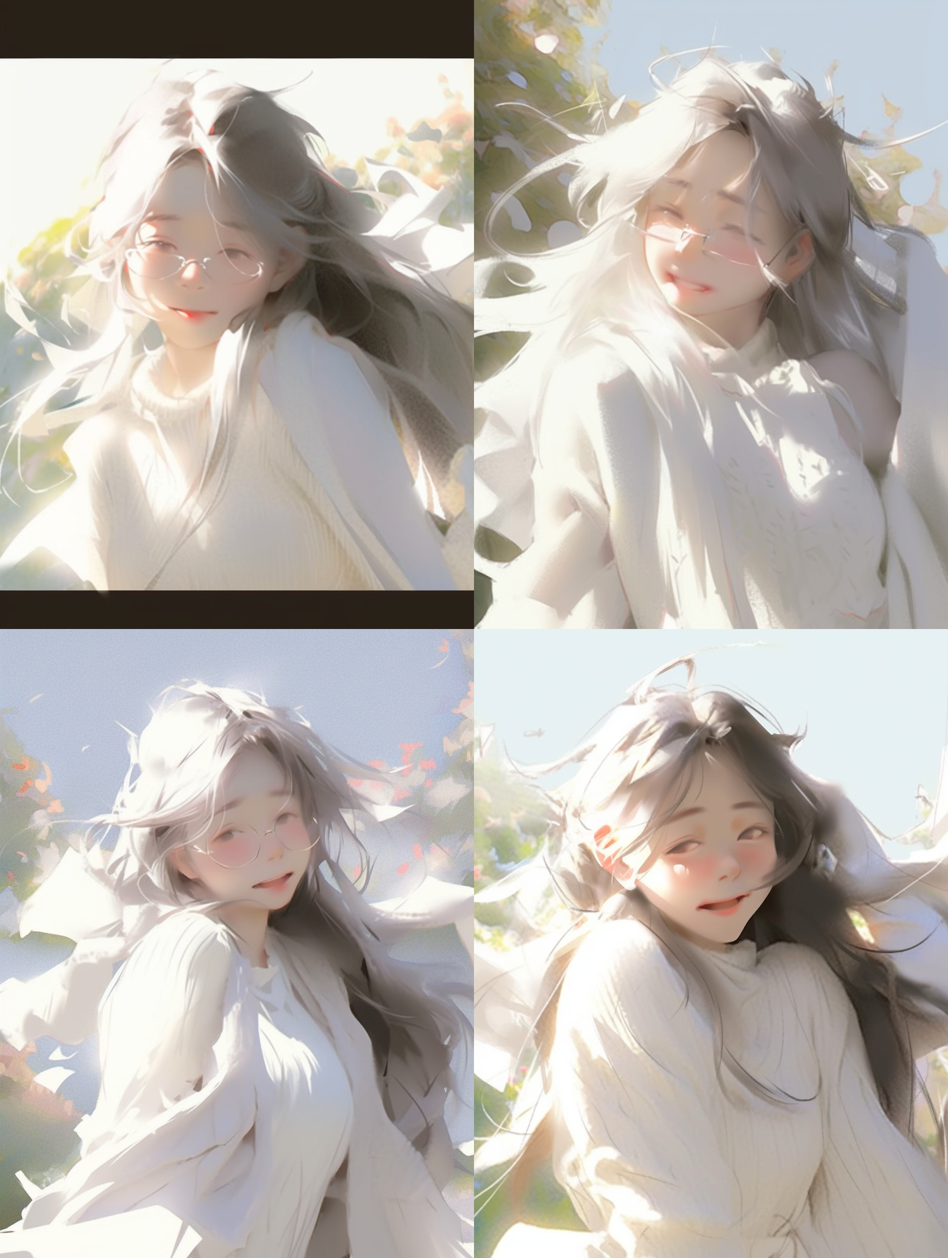 莫奈风格，白衣女孩，花园中，朦胧模糊，自然光，轻柔色调，油画效果，优雅舞姿，微笑，清新。