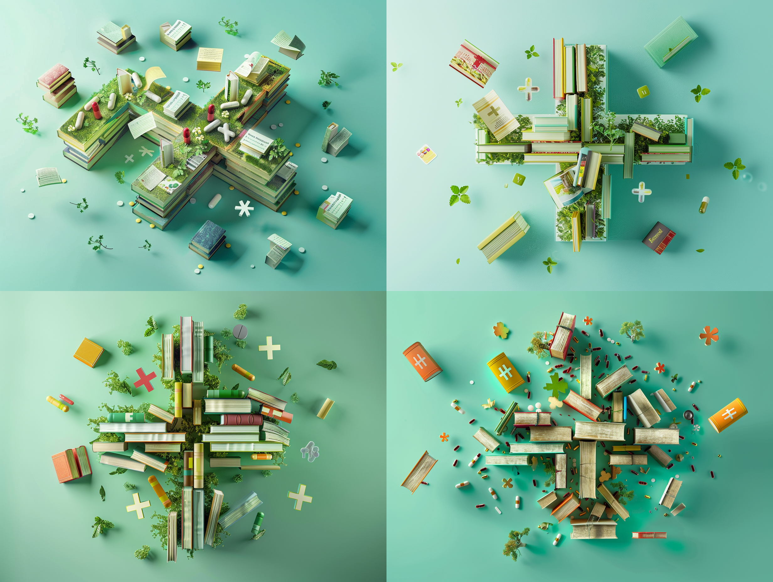 主体由很多本书组成一个医疗十字，周围漂浮着几本书籍，水平视线，画面简单干净，专业的透视，广告海报，绿色主调，颜色鲜艳，画面呈现清新亮丽、轻松无害的感觉。 